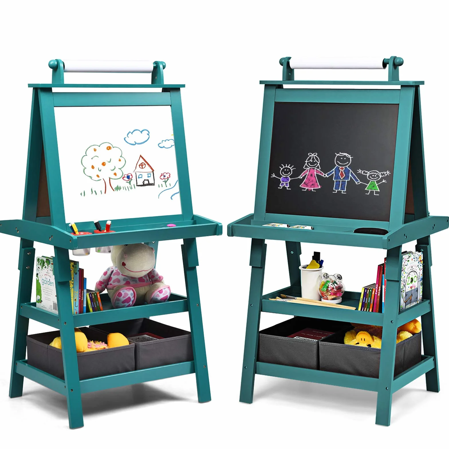 RELAX4LIFE 3 in 1 Lavagna per Bambini, Cavalletto Pittura Doppia Faccia Magnetica con Rotolo di Carta, Giocattolo Educativo 3+ Anni (Blu)