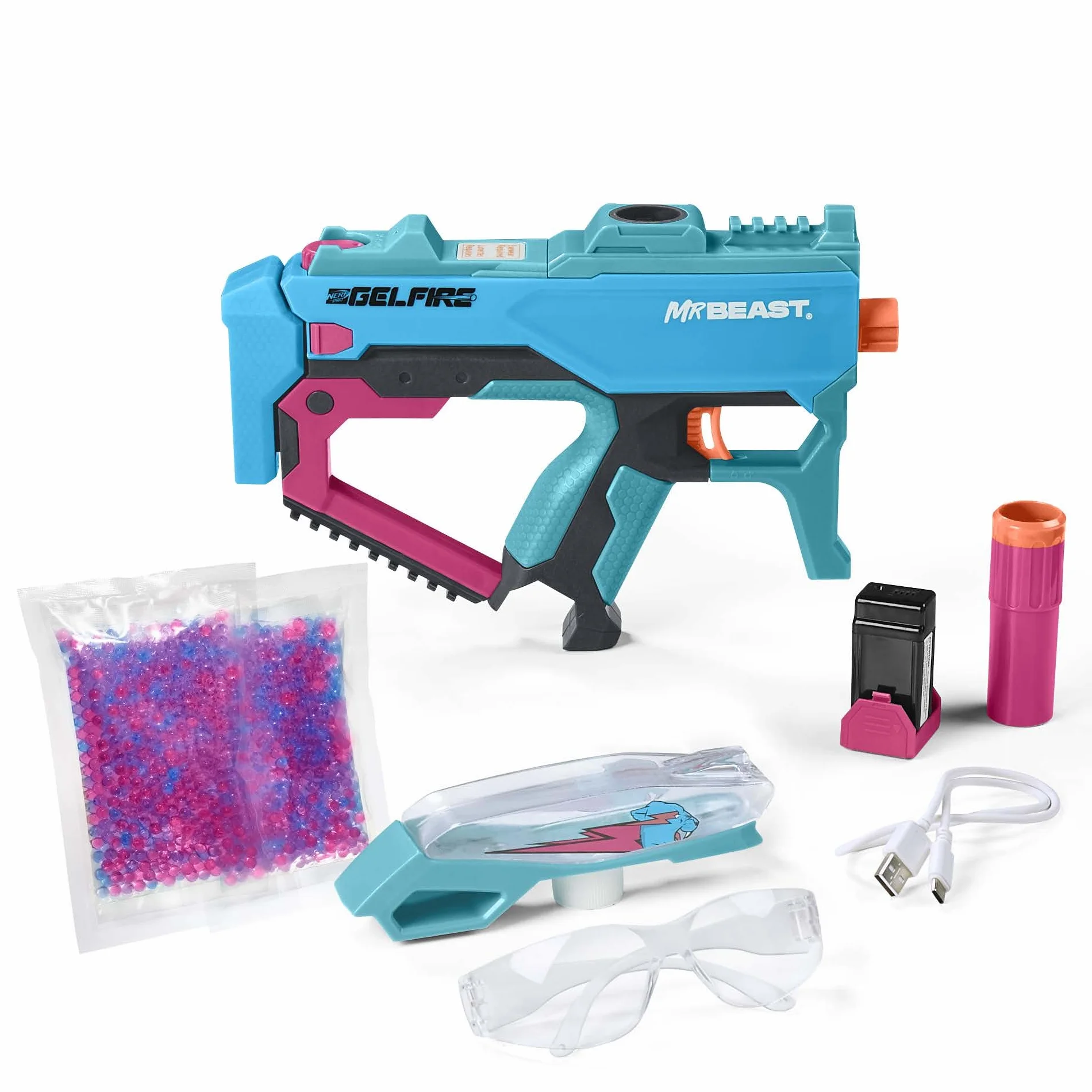 Nerf Pro Gelfire X MrBeast Blaster, 1600 Gelfire Rounds, 300 Round Hopper, Batteria Ricaricabile, Occhiali