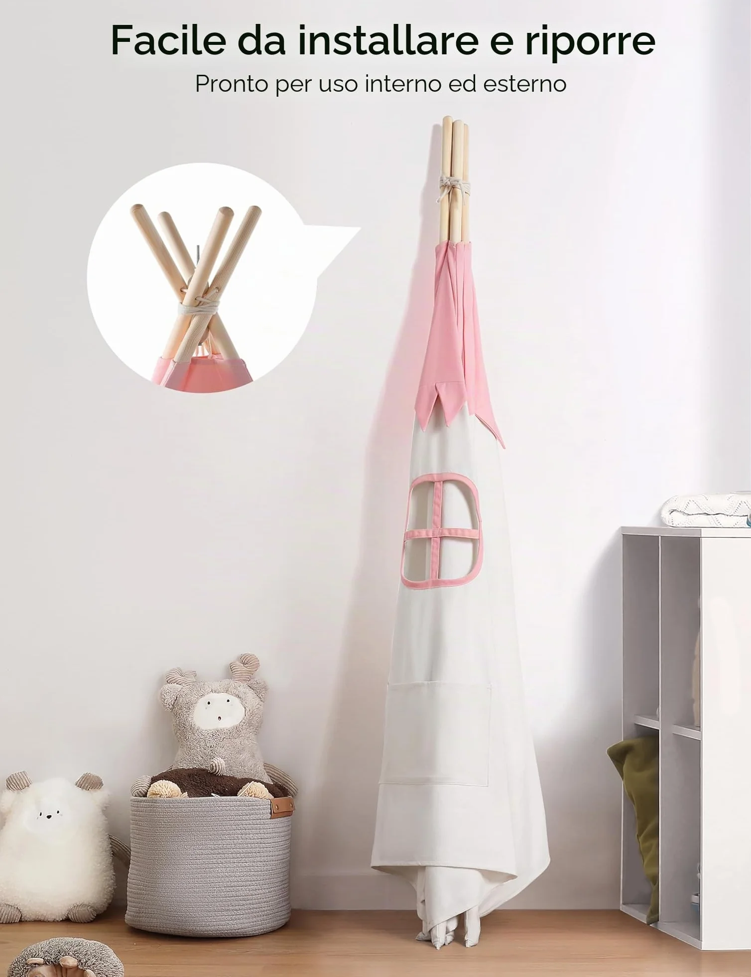 besrey Tenda per Bambini da Gioco in Tela Indiana Teepee in Cotone con Tappetino Imbottito e Luci Fatate (Rosa e bianco)