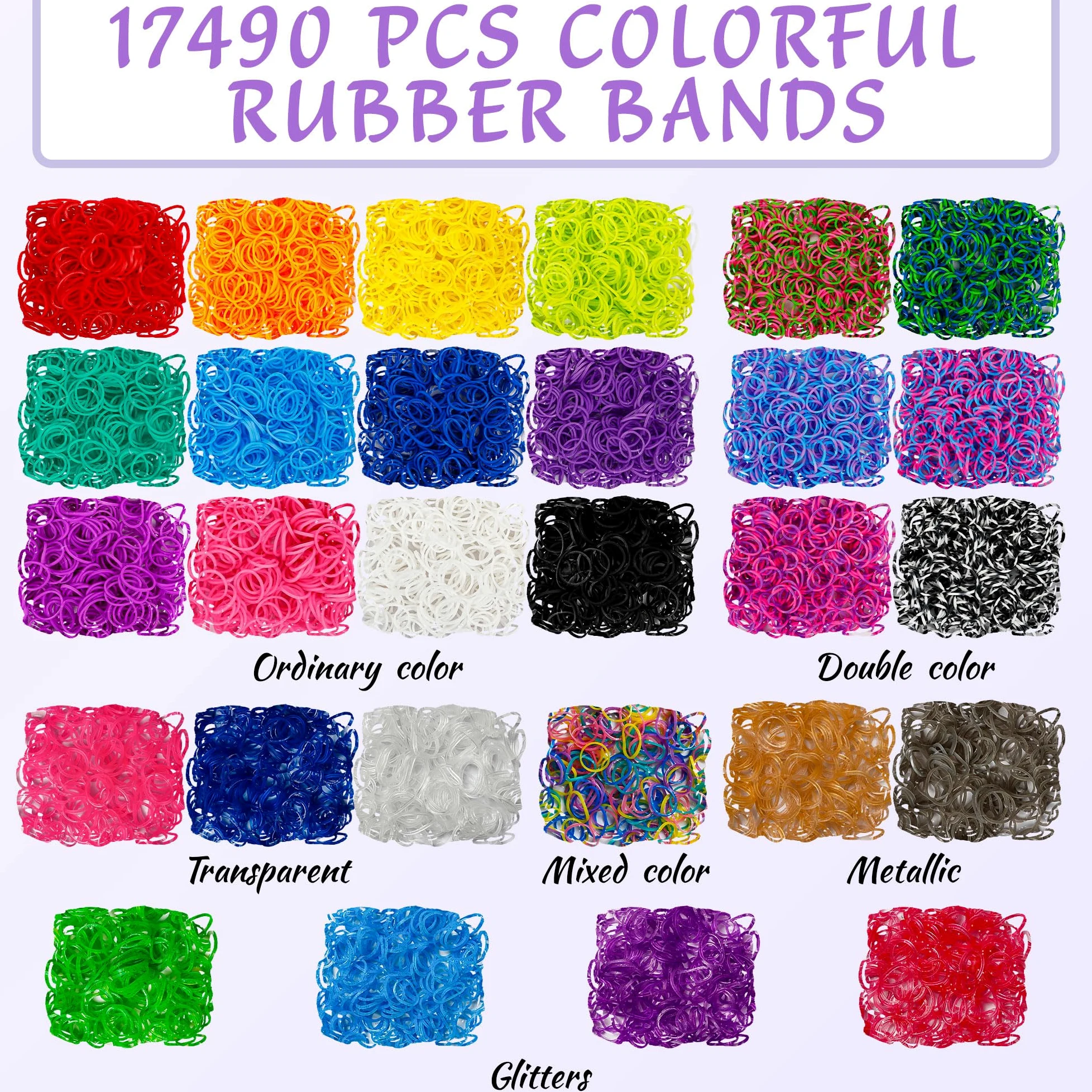 INSCRAFT 17490+ elastici in gomma, kit di ricarica per braccialetti in 28 colori, con contenitore a 3 strati, 600 clip a S, 352 perline, 40 ciondoli a forma di cartone animato, regalo di Natale per
