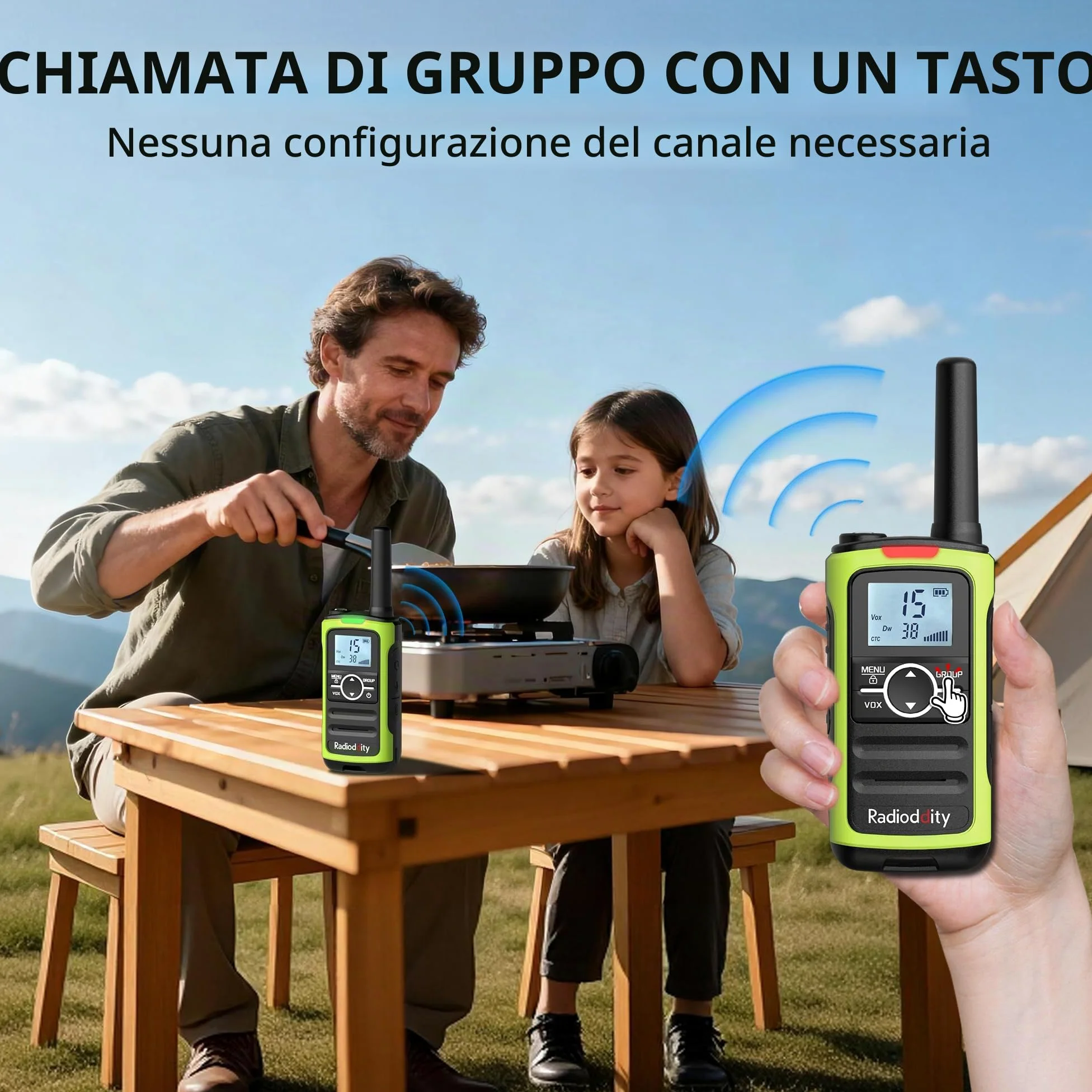 Radioddity PR-T8 Walkie Talkie per bambini, radio PMR446 ricaricabile a lungo raggio con chiamata di gruppo, batteria da 2000 mAh, ricarica USB-C, per escursionismo e campeggio, confezione da 3 pezzi