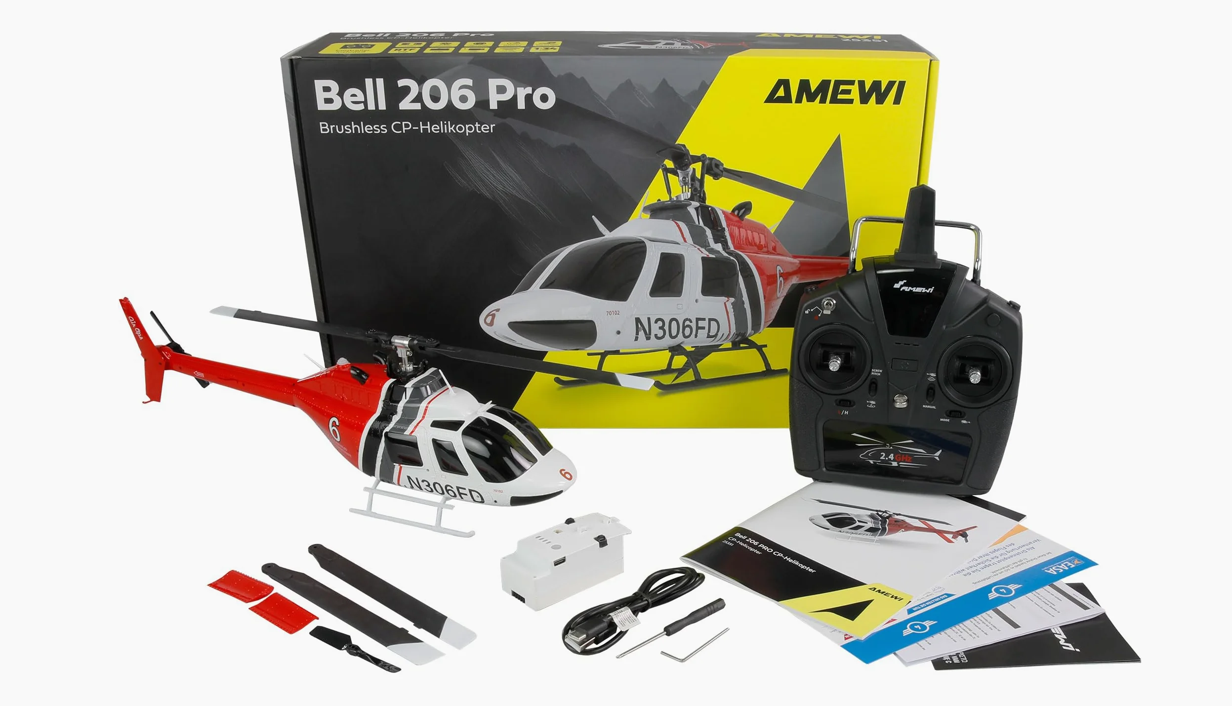 Amewi Bell 206 PRO brushless CP Elicottero 6 canali 6G RTF RC telecomandato, bianco/rosso