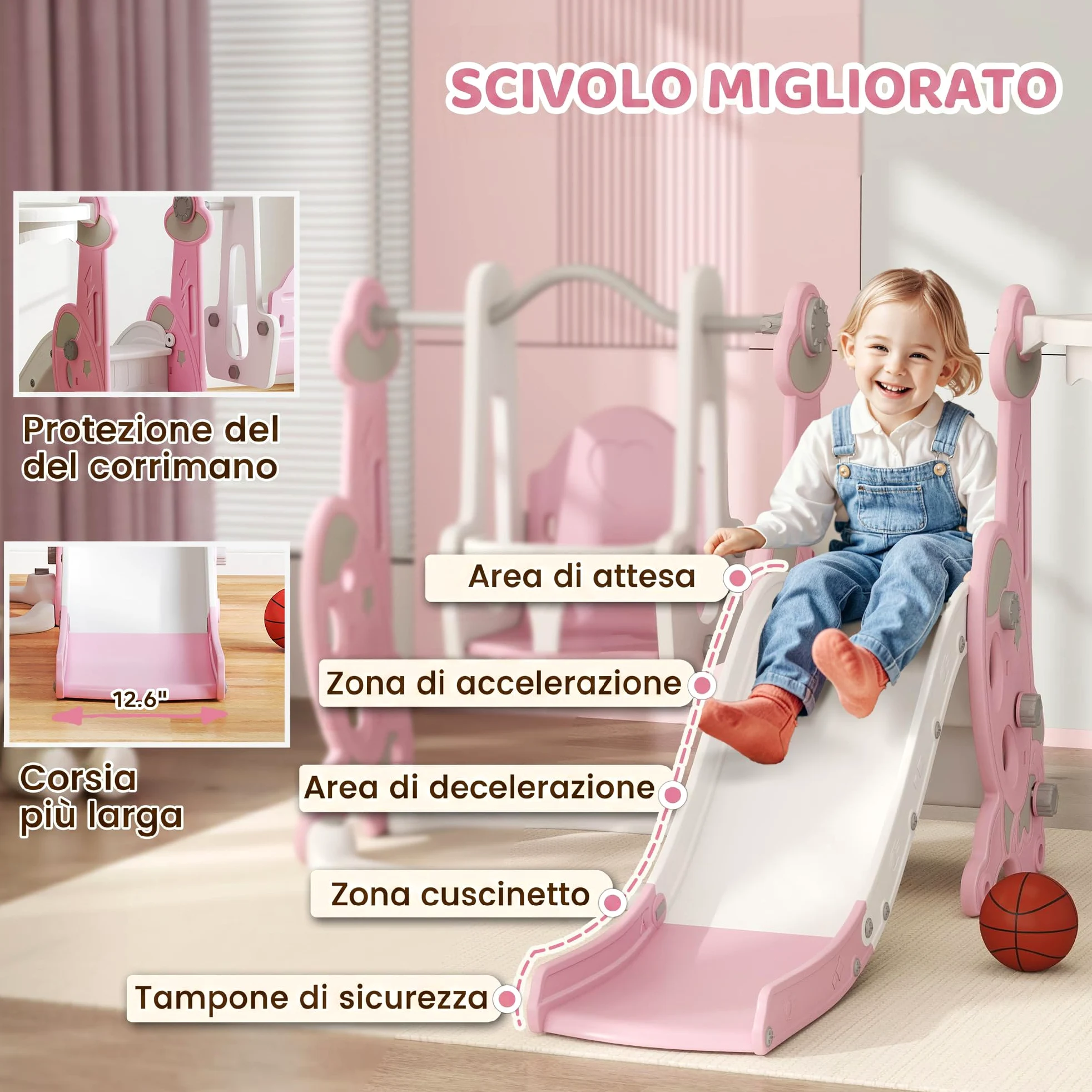 AIYAPLAY Scivolo per Bambini 4 in 1 con Altalena da 18-48 Mesi Rosa | Scivolo da Giardino Autoportante, Scaletta da Arrampicata, Cestino da Basket, Set Parco Giochi per Interni ed Esterni