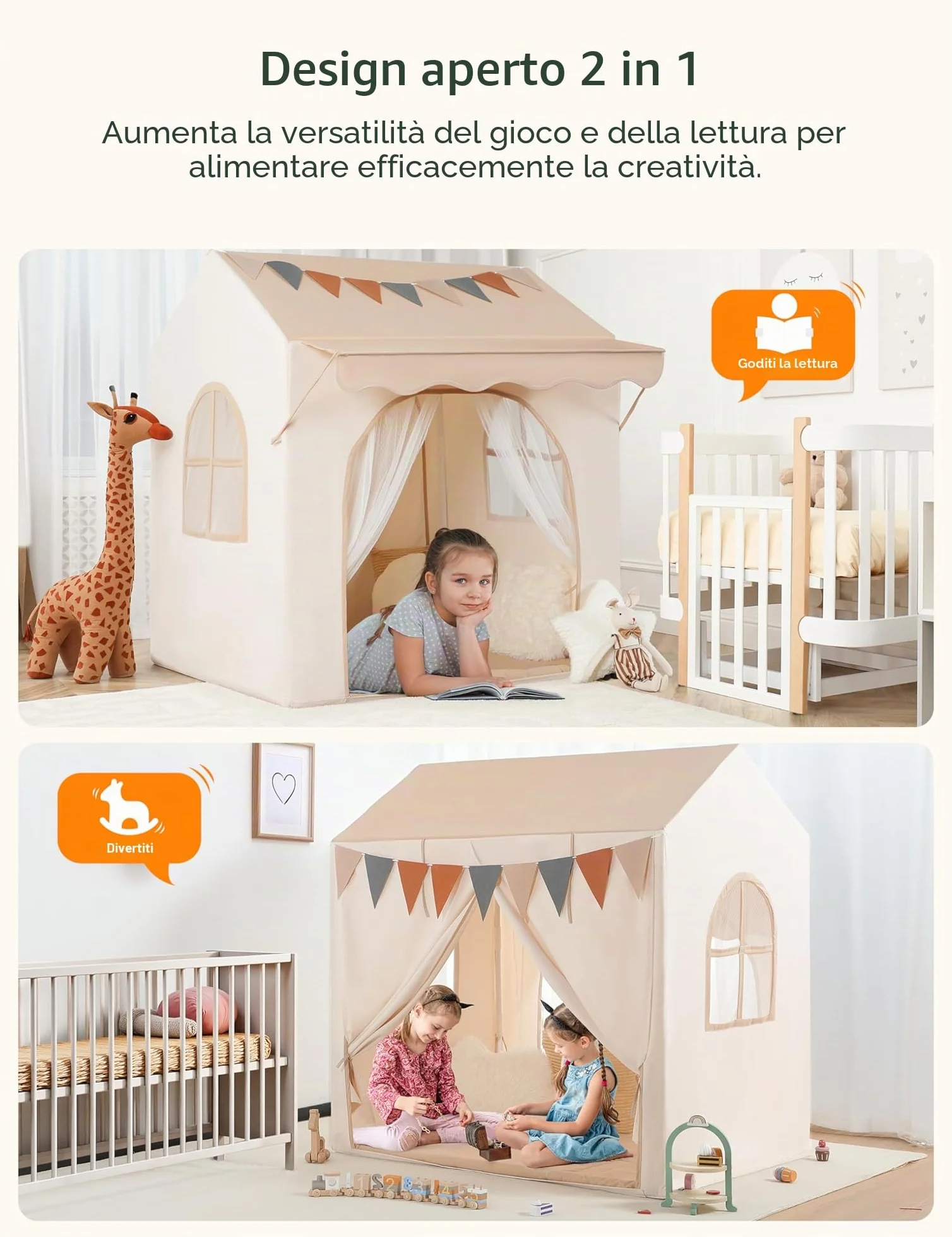 Besrey Tenda per Bambini 2-in-1, Tenda da Gioco con Tettoia per Interni ed Esterni, con Luci, Bandierine e Tappetino, Design Ampio per Lettura e Giochi Creativi - Regalo di Natale Ideale per Bambini