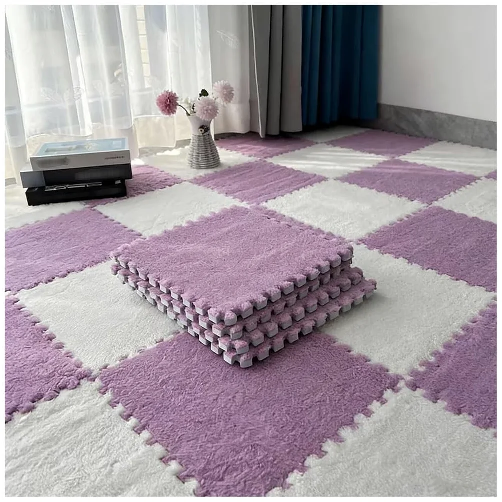 Tappetino In Peluche Ad Incastro Morbido E Colorato Tagliabile Per Camera Da Letto Soggiorno Bambino 8 Pezzi(Light Purple+White,10 pcs)