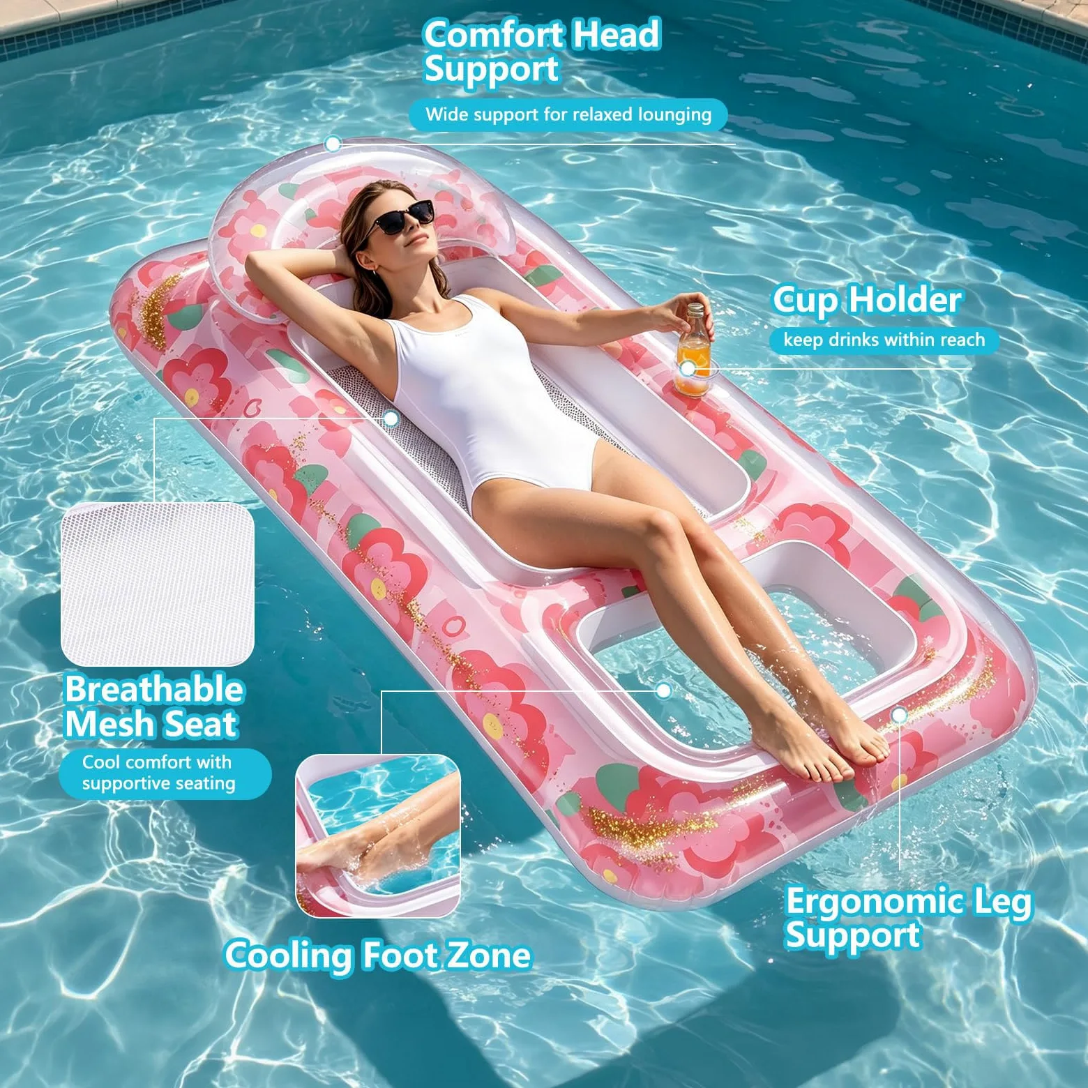 Materassino Mare in PVC Galleggiante Gonfiabile Piscina con Parasole Disponibile in Una varietà di Colori con Schienale e portabicchiere Accessori Piscina per Piscina e Spiaggia