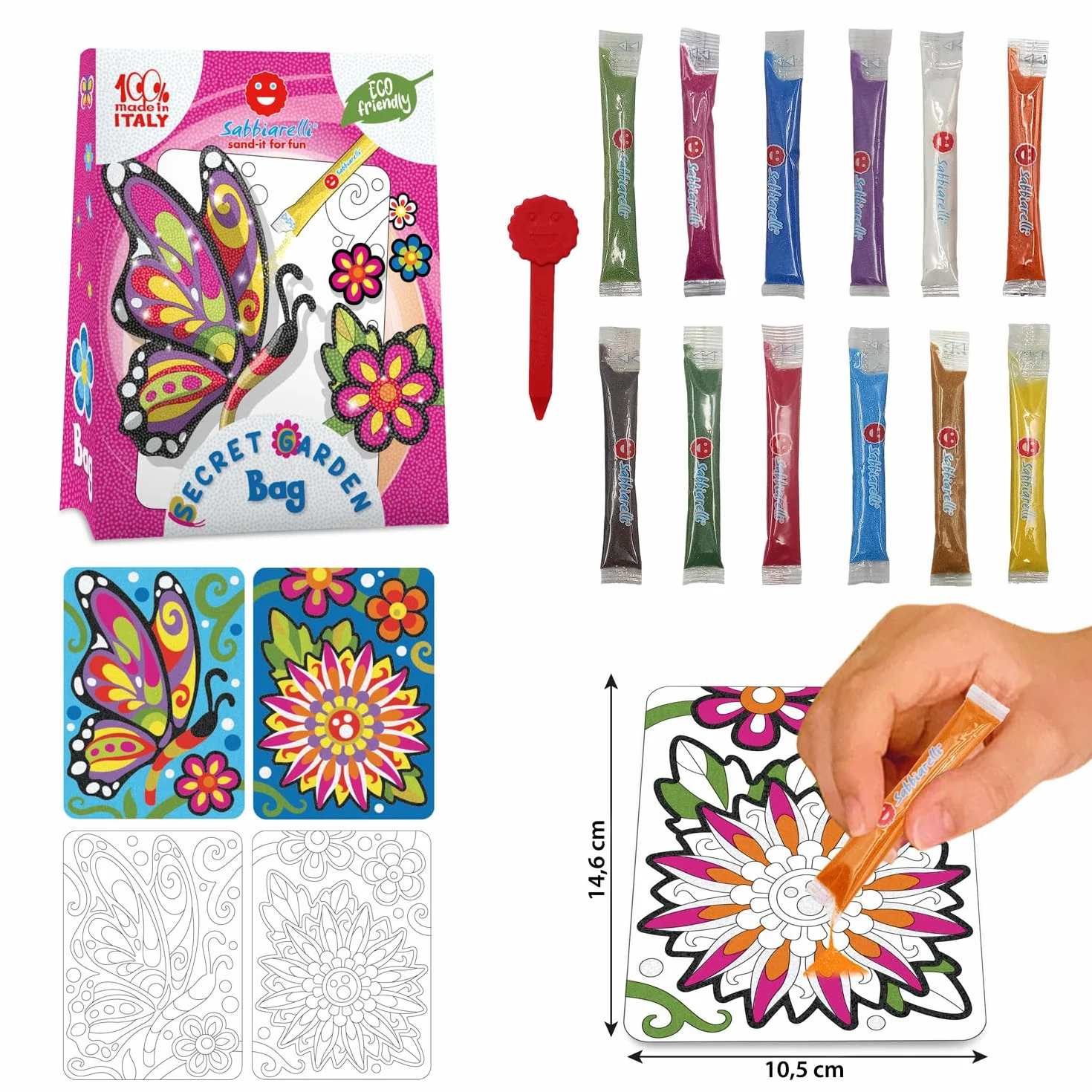 Sabbiarelli Sand-it For Fun – Bag Secret Garden | Mini Kit di Sand Art a Tema Fiore e Farfalla 100% Made in Italy con Sabbia Colorata e Disegni Adesivi | Hobby Creativi Adulti e Ragazzi 10+
