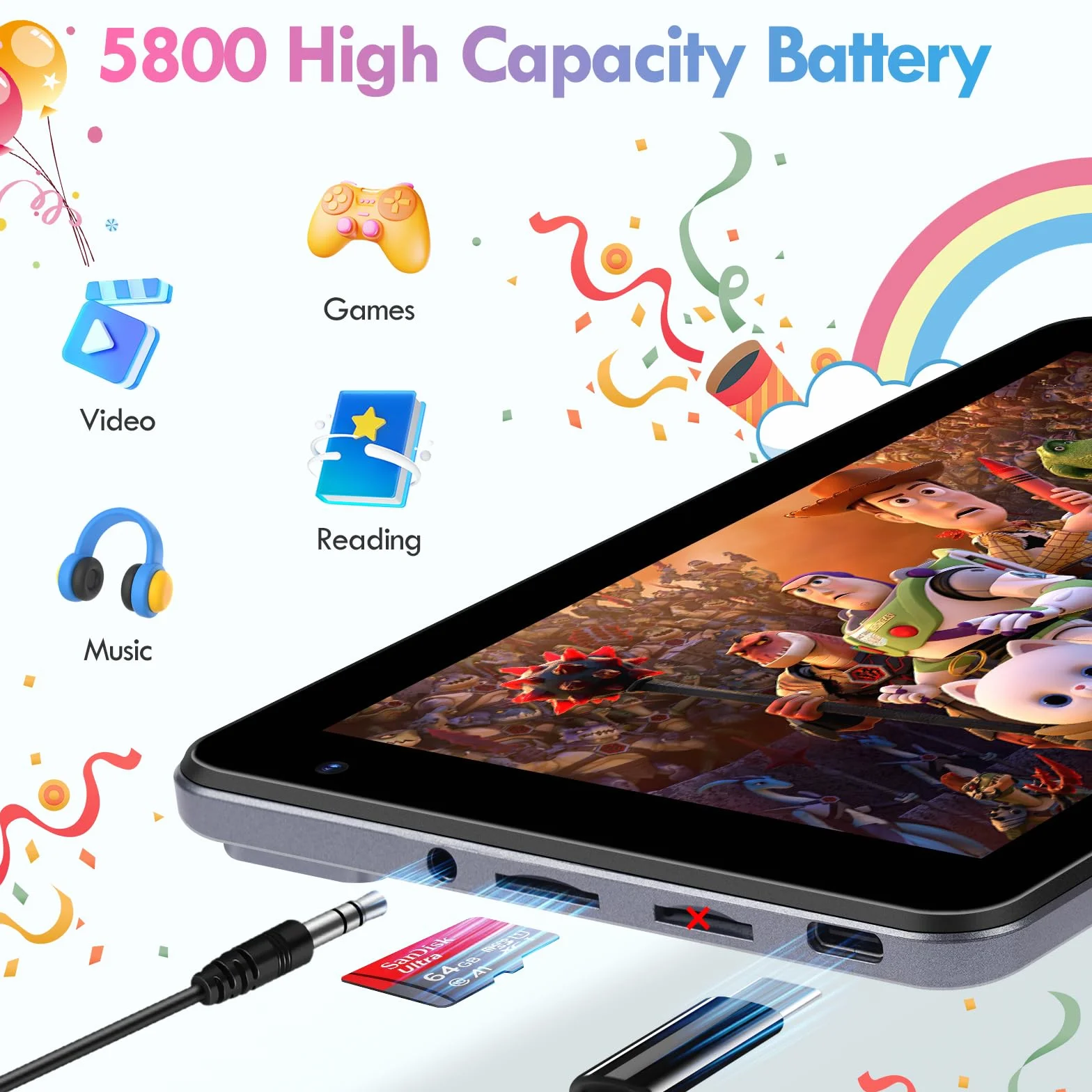 Tablet bambini 7 pollici, tablet Android 13, Octa-Core, 8GB+64GB (256 espandibili), 5800mAh Batteria, 5MP+8MP Fotocamera, Software per bambini precaricato, tablet con custodia (blu)