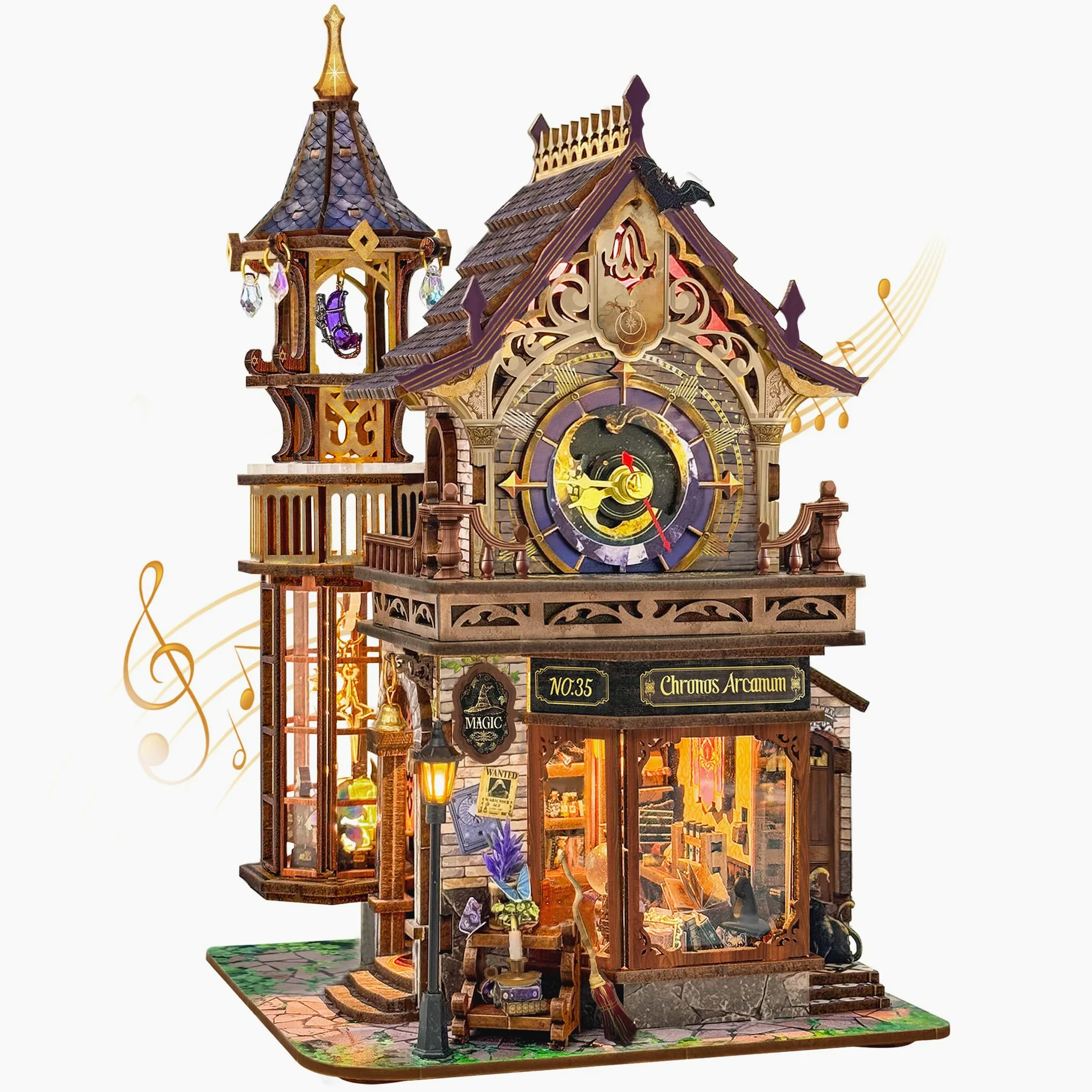 Time Magic Club (SQ-71) - Puzzle 3D in legno a forma di torre magica, kit fai da te per casa in miniatura con LED e musica, decorazione per libreria, regali artigianali per familiari e amici
