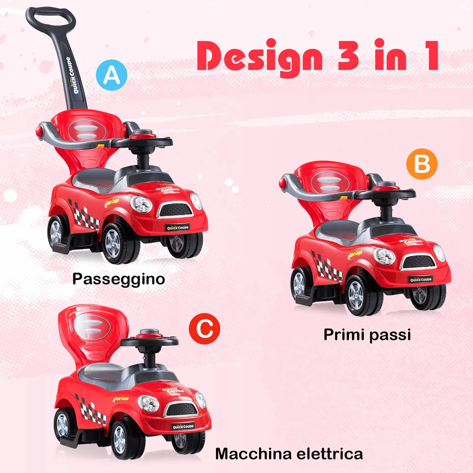 COSTWAY Macchina Cavalcabile a Spinta 3 in 1 per Bambini, con Guardrail Staccabili e Clacson, Design Anti-ribaltamento, Rosso