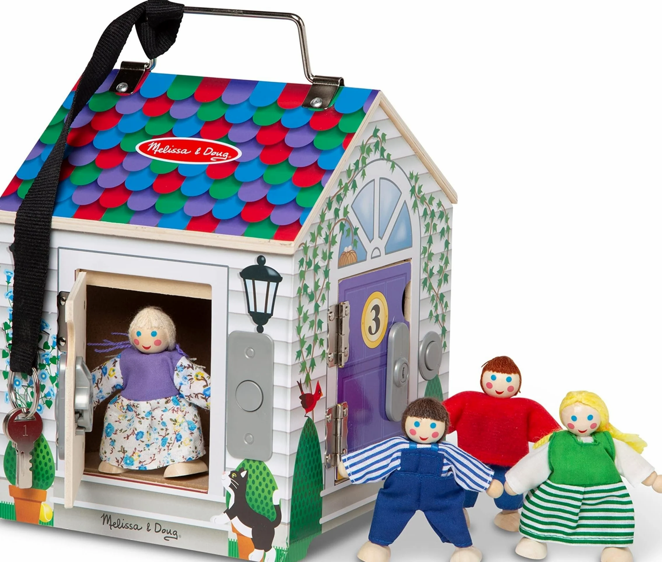 Melissa & Doug Casa delle Bambole Portatile in Legno con Campanelli - da Gioco, Gioco Montessori, in Legno Snodate, Regalo per Bambine e Bambini, 3+ Anni