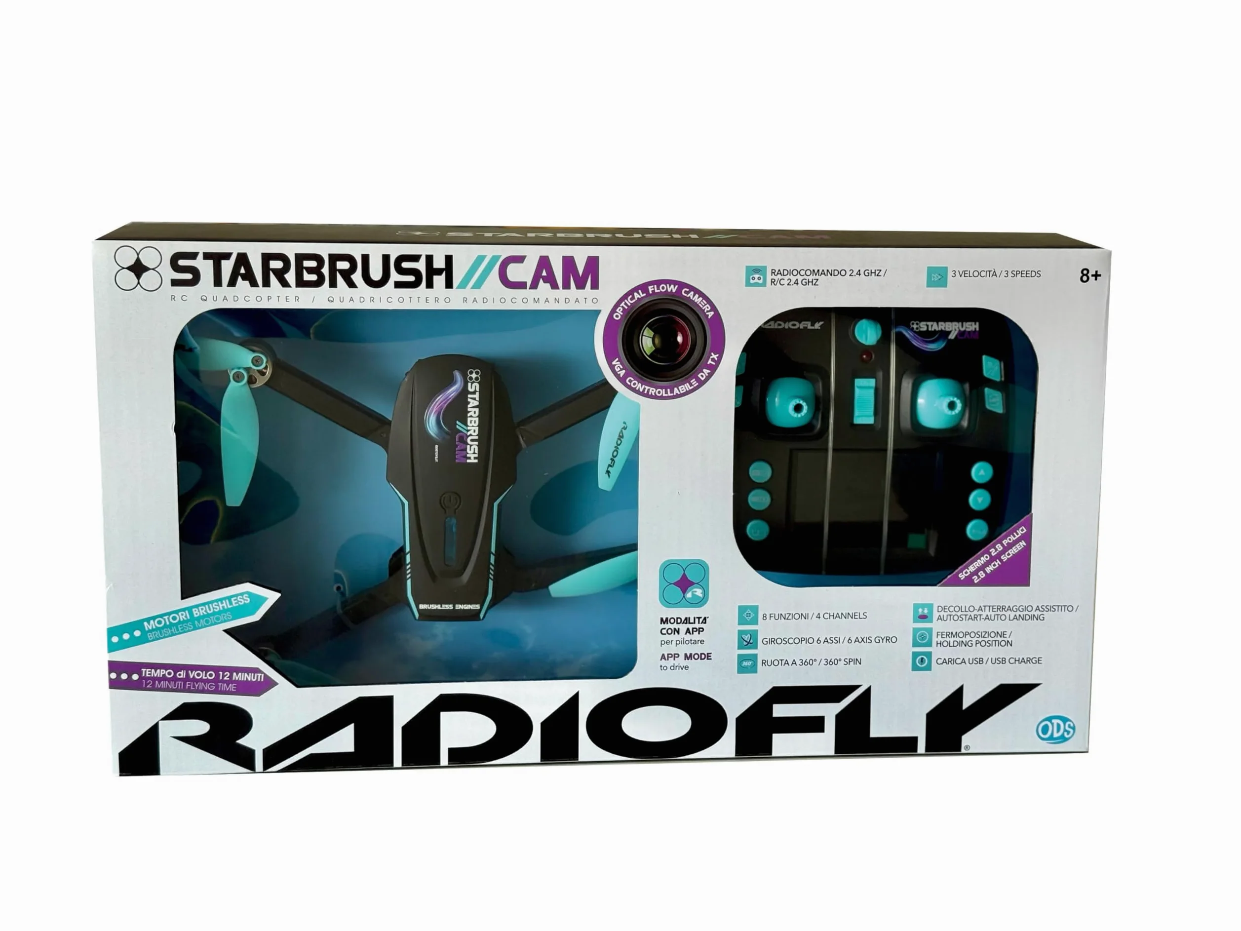 Radiofly - Star Brush - Drone RC 2.4GHz - Optical Flow Camera 0.3MP - Wi-Fi - App - 8 funzioni - 3 velocità - Flip - Decollo/Atterraggio assistiti - Motori Brushless - Schermo 2.8" - Slot SD