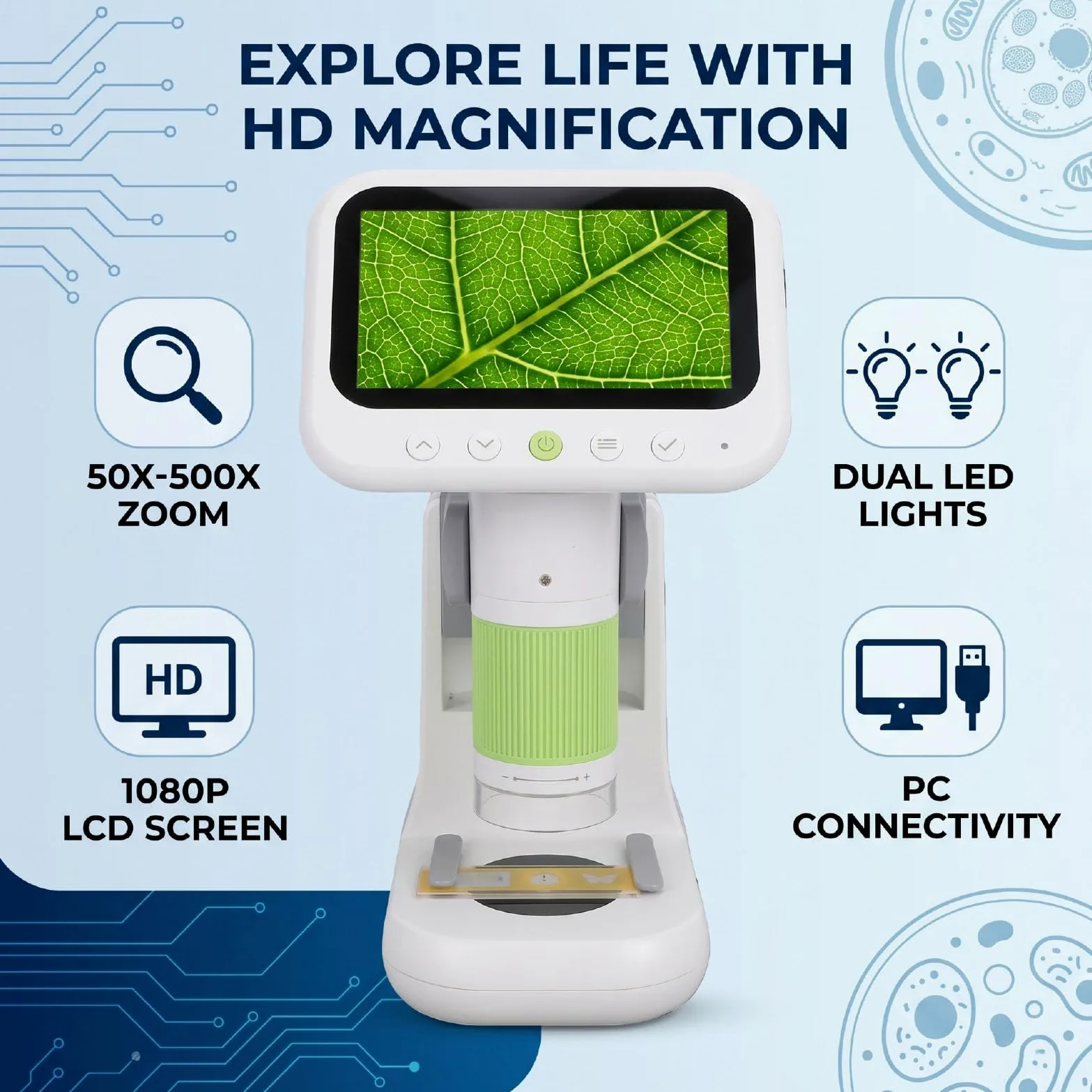 Tangxi Microscopio Digitale 2 in 1 Schermo IPS 1080P 4.3 Zoom da 50X a 500X con Scheda da 8 GB Doppie Luci a LED 5 Diapositive per L'esplorazione Scientifica dei Bambini