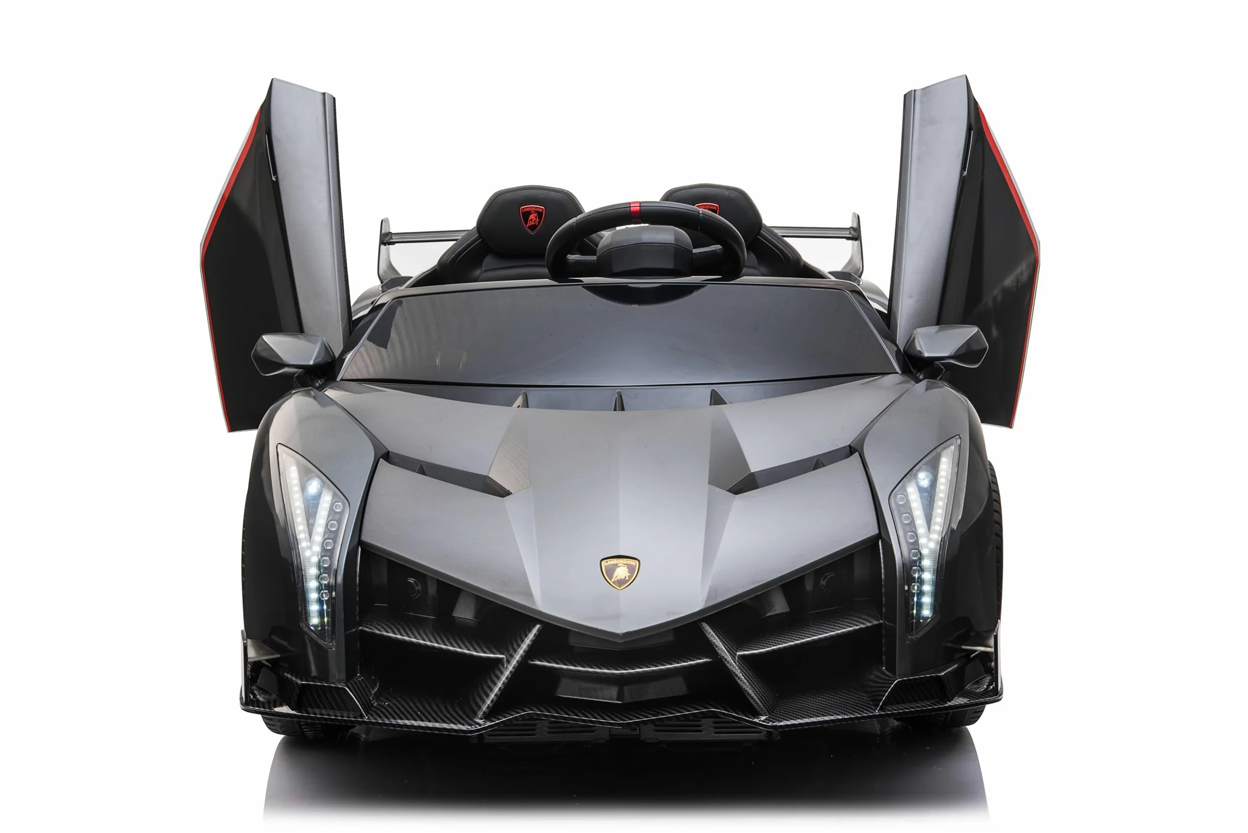 FINOOS Auto macchina elettrica per bambini Lamborghin Veneno 24V 2 posti, 4X4, sedile in pelle, ruote in gomma con telecomando 2,4 GHz da 1 a 7 anni (Grigio metallizzato)