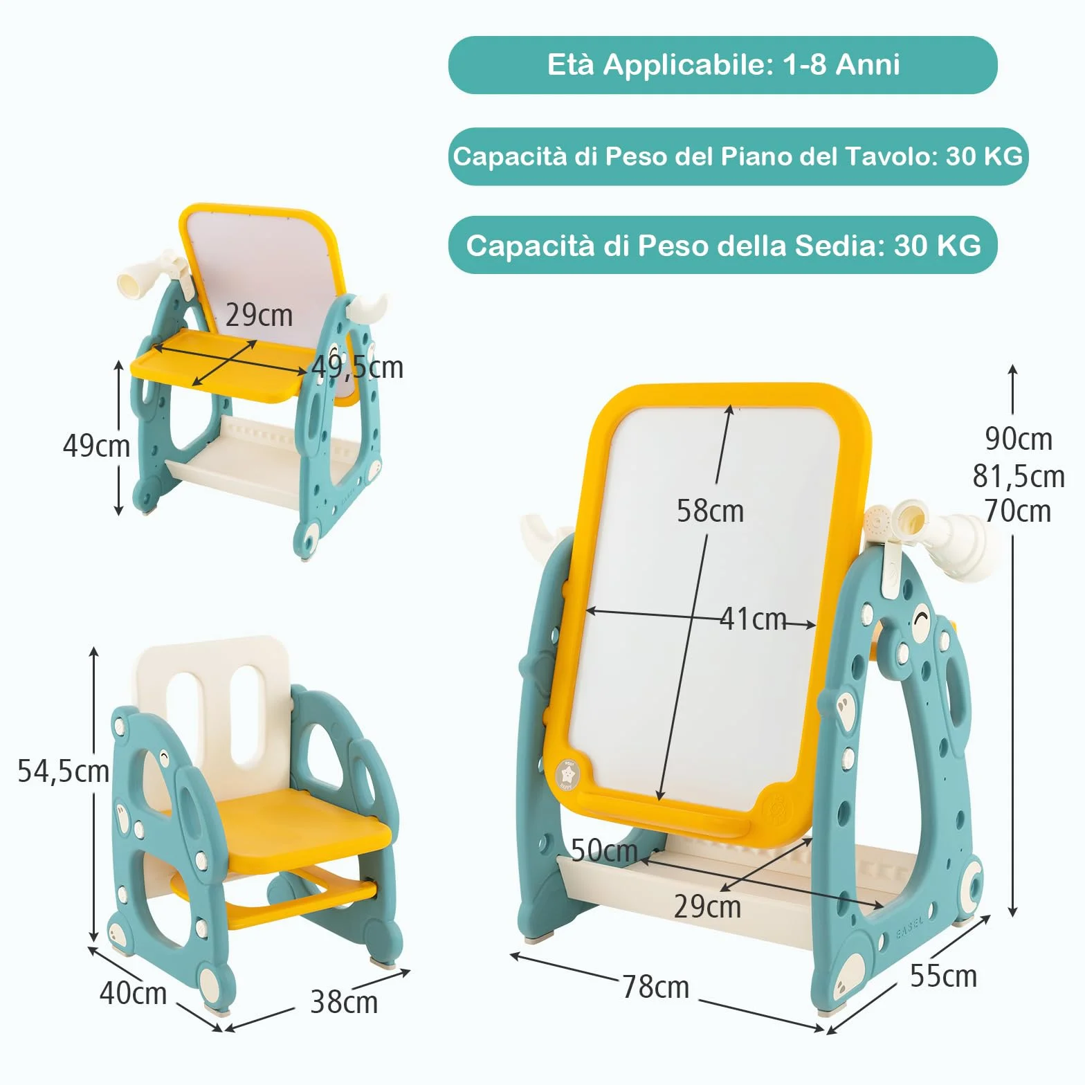 GYMAX Tavolozza Artistica 4 in 1 per Bambini con Sedia, Set Tavolo e Sedia per Disegno con Lavagna Magnetica Regolabile