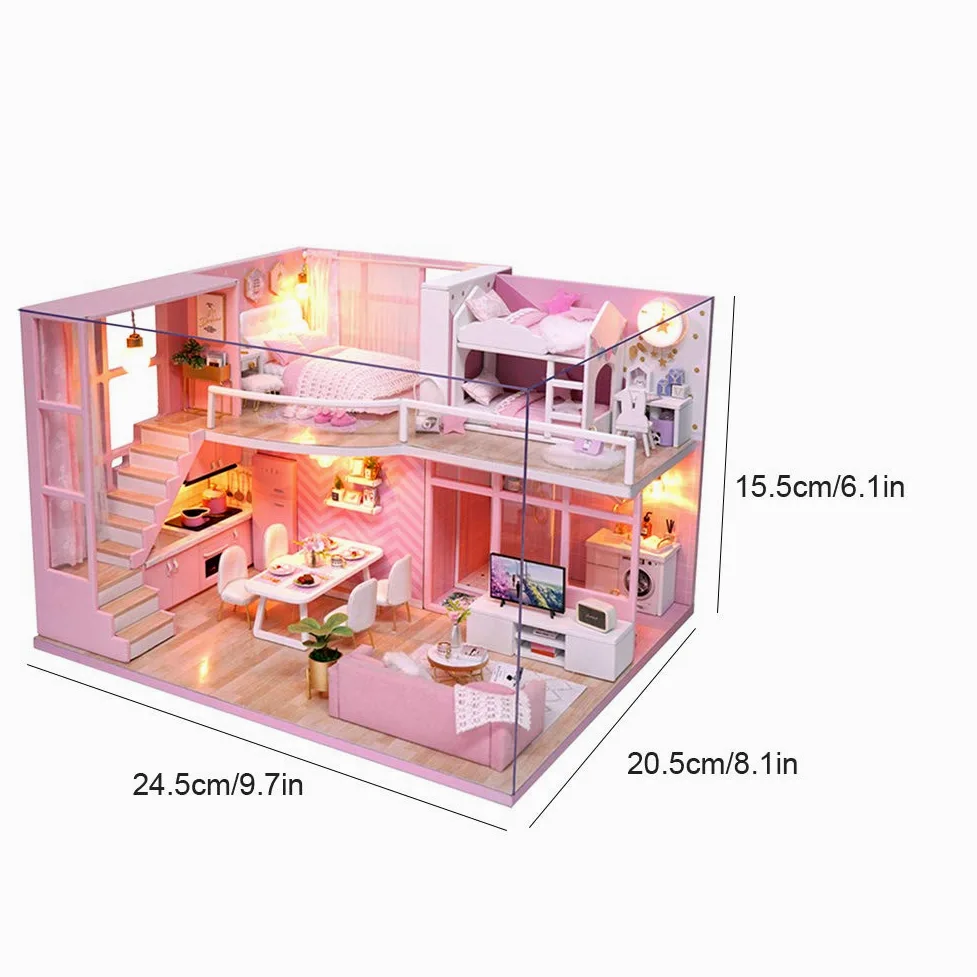 Generic Kit per Casa delle Bambole Rosa Fai-da-te Modello di Casa delle Bambole in Miniatura in Legno Fatto a Mano Carino per la Decorazione Domestica e Materiale Ecologico Regalo per Bambini