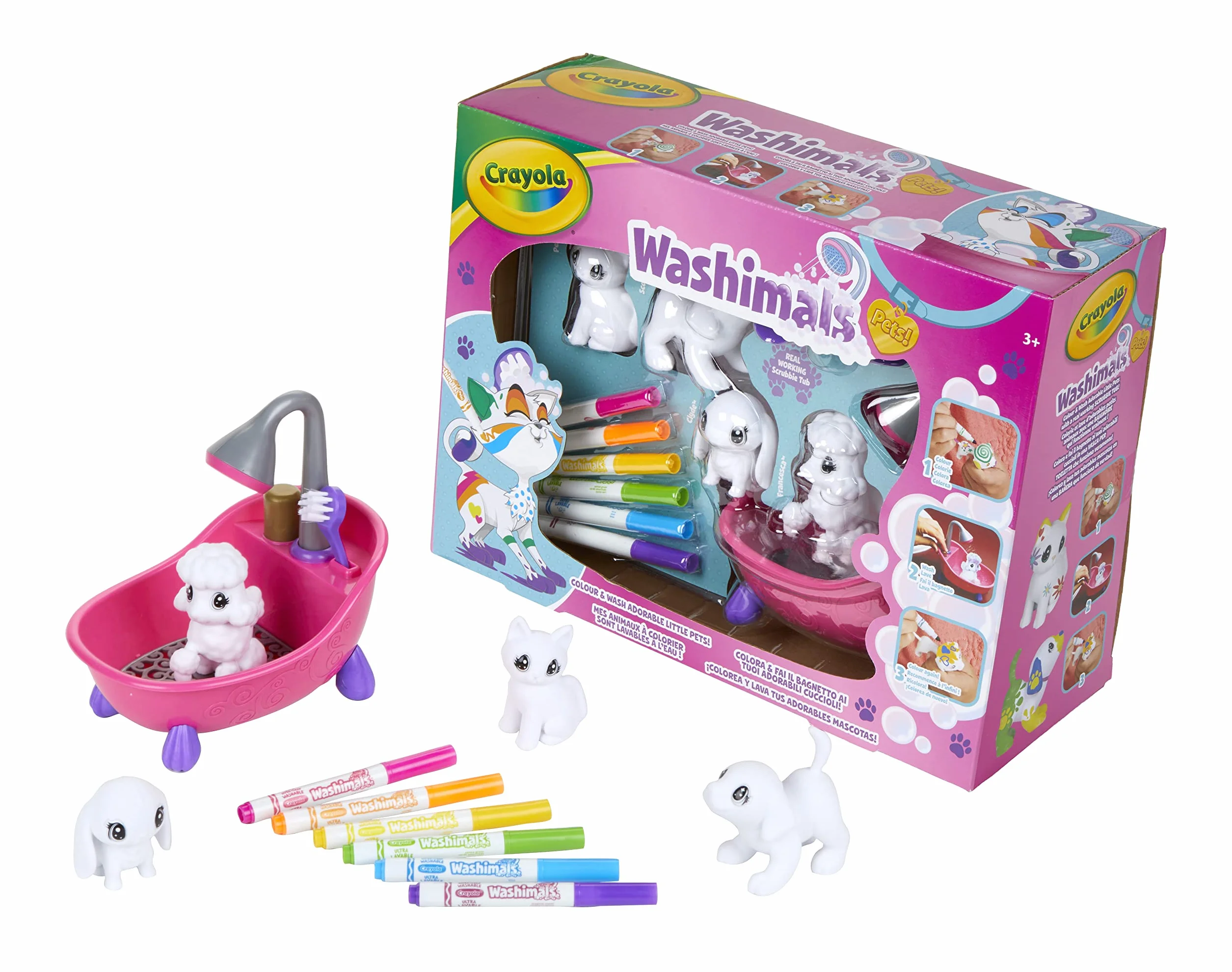 CRAYOLA Washimals Cuccioli vellutati da colorare 4 animali 6 pennarelli Vasca da bagno rosa spazzolina 3+ Anni