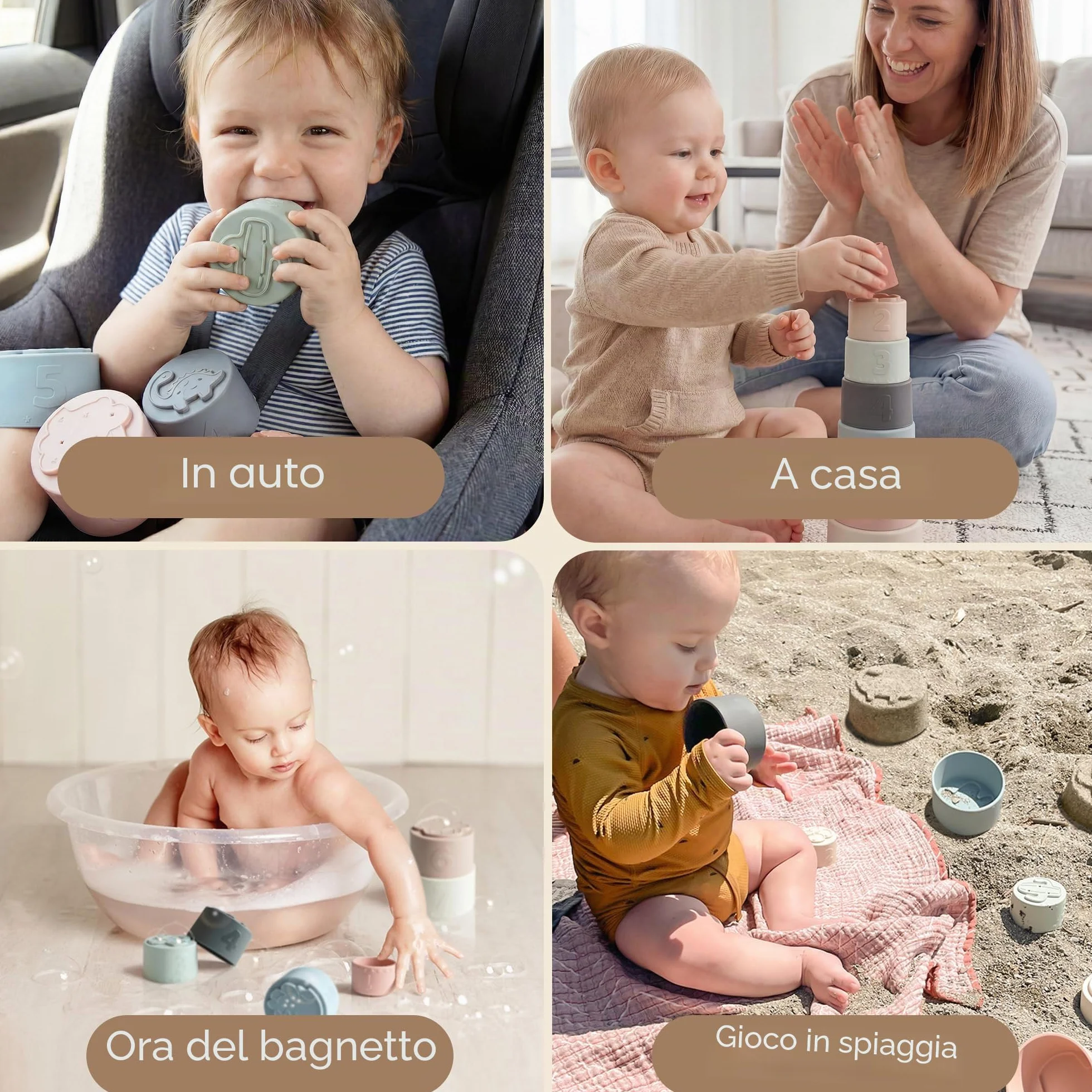 Moonkie Cubi Impilabili Bambini, Giocattoli da Tazza in Silicone, Costruzioni per Bambini, Giochi Montessori, Dentizione Neonato Silicone, Regalo Bambino, 6+ Mesi, 7 Pezzi (Fine Day)