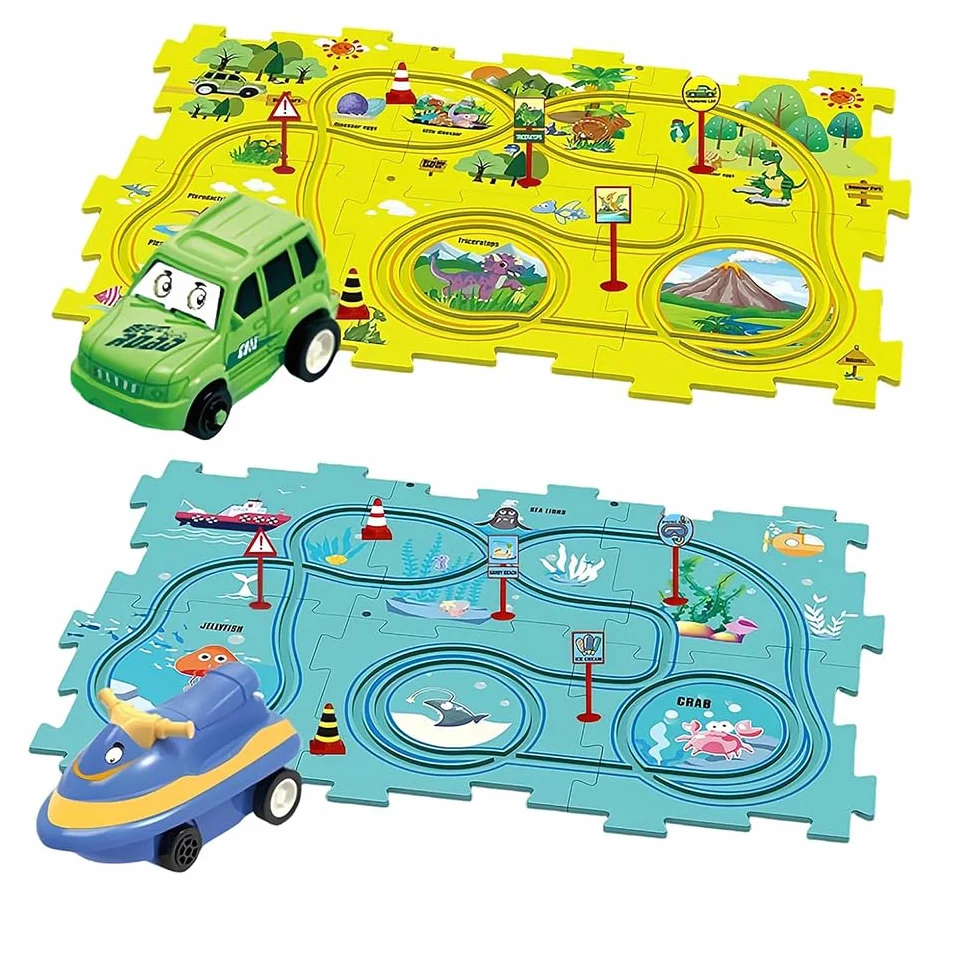 Pista Macchinine per Bambini DIY Pista del Puzzl DIY Rotta Gioco Giocattolo Educativi Regalo Giochi Bambini (Dinosauro/ocean）