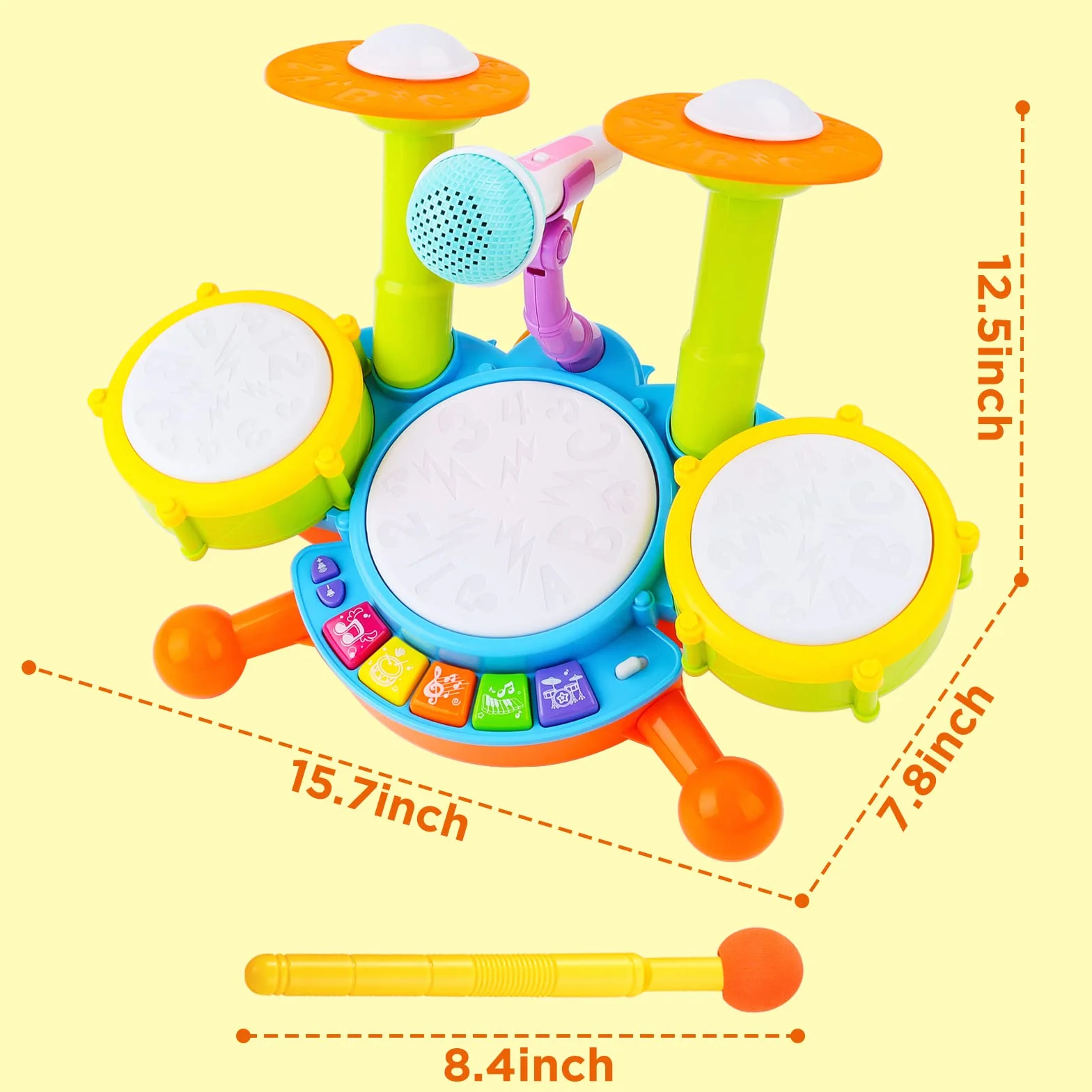 deAO Tamburo Bebe,Set di percutions per principianti, con 3 batterie e microfono, 18 canzoni, 2 bacchette, effetti sonori e luminosi che rendono questo kit batteria bambino strumento