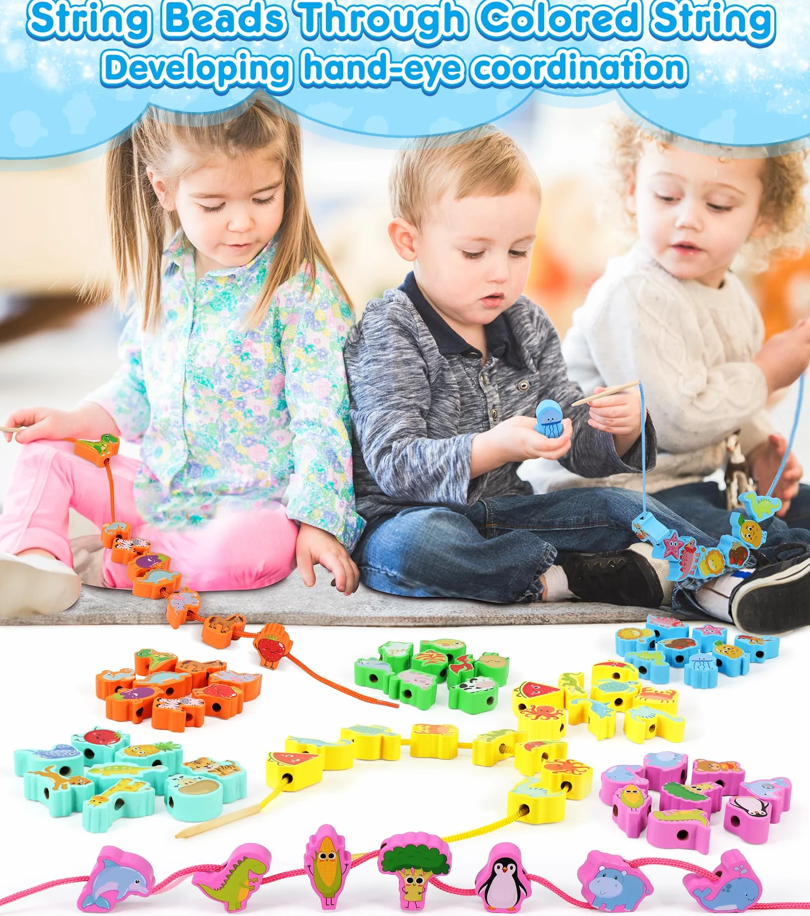 Ophy Giochi Montessori 6 Temi per Bambini - 2 in 1 Giocattoli Educativi per 2-3 Anni | Perline di Legno Giochi da Infilare