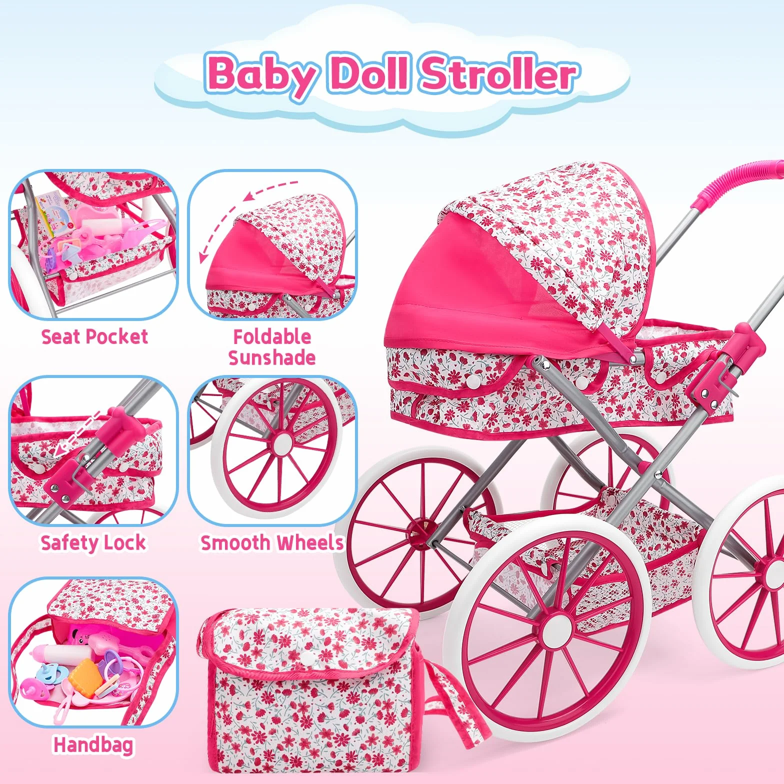 deAO Carrozzina Bambole con Bambola 30 cm, Seggiolone e Accessori Passeggino Giocattolo per Bambina dai 3 Anni, con Cestino Portaoggetti e Borsa Giocattolo Educativo per Bambina 3+ Anni
