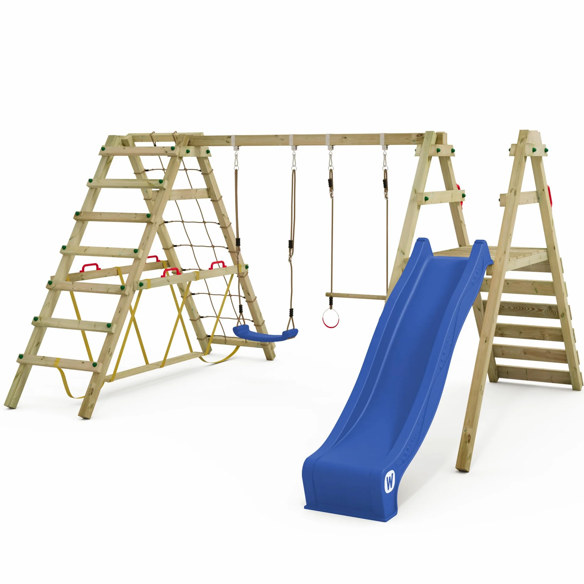 Altalena WICKEY Smart Shake gioco per bambini con scivolo blu e ampliamento per l'arrampicata, altalena doppia in legno da esterno o da giardino