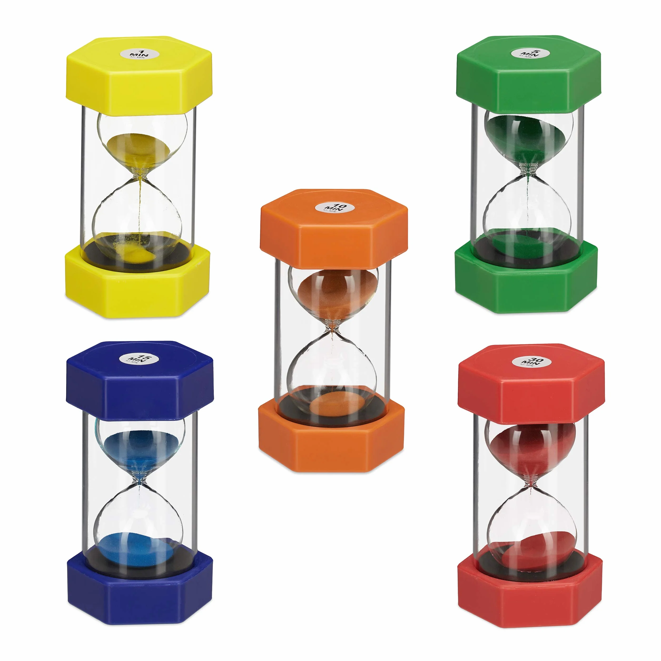 Relaxdays Set da 5 Clessidre per Bambini, Studio, Concentrazione, 1 min, 5 min, 10 min, 15 min, 30 min, Colorate