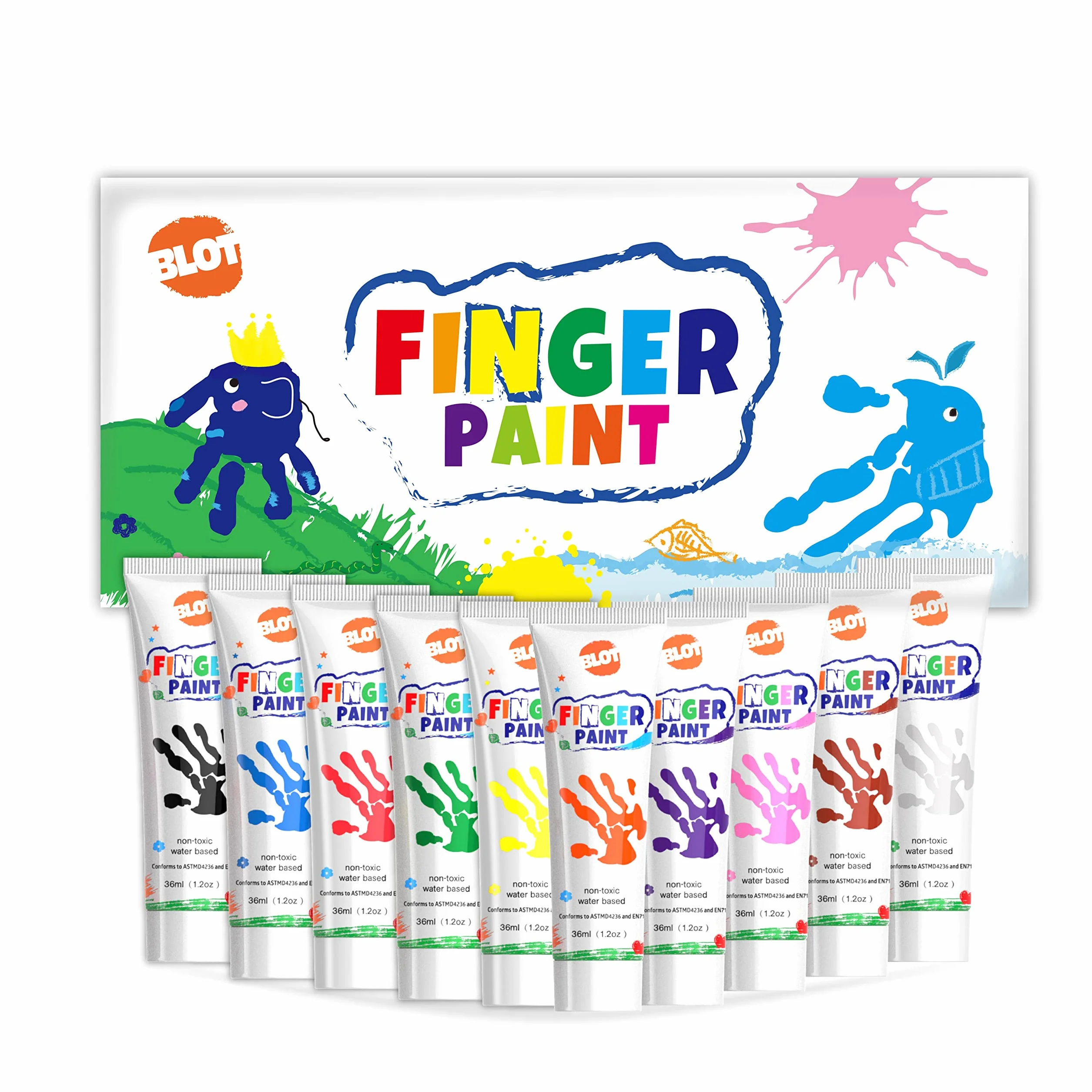 BLOT Colori a Dita Lavabile 10 Colori 36ml Set di Pittura per Bambini Atossico Pittura a Dita per Bambini Neonati Dipingere Arti e Mestieri