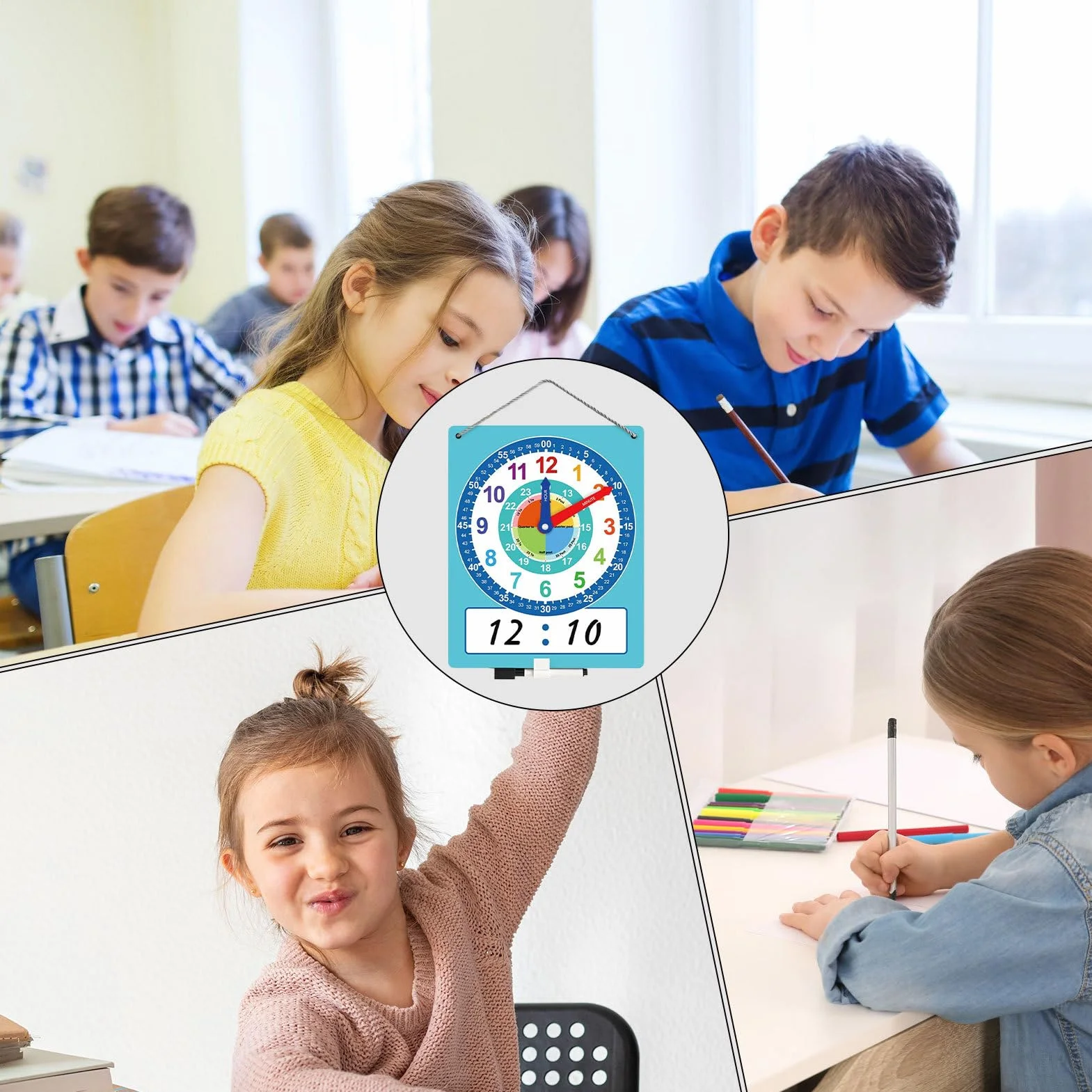 Orologio didattico - Orologio didattico, apprendimento educativo per bambini | Strumento per esercitarsi sul doppio lato con area di scrittura cancellabile a secco, risorsa educativa in stile p