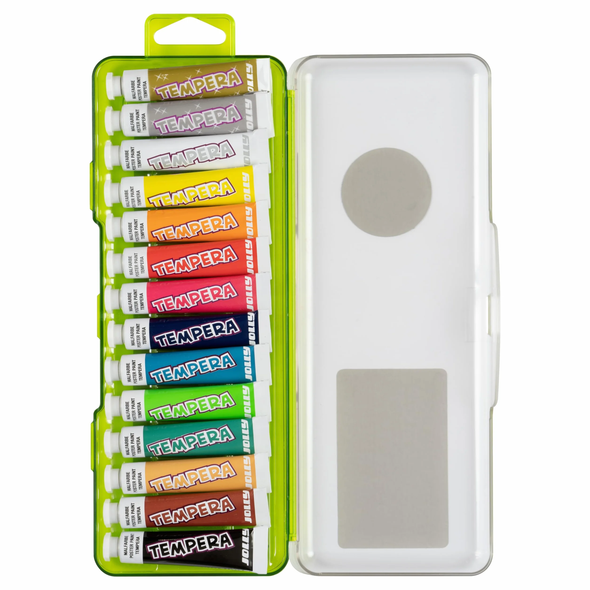 JOLLY tempera, set di colori a guazzo per bambini, colori per la scuola, 14 tubetti da 7,5 ml ciascuno, colorati, 105 ml, diluibili con acqua, alto grado di miscibilità, completamente atossici