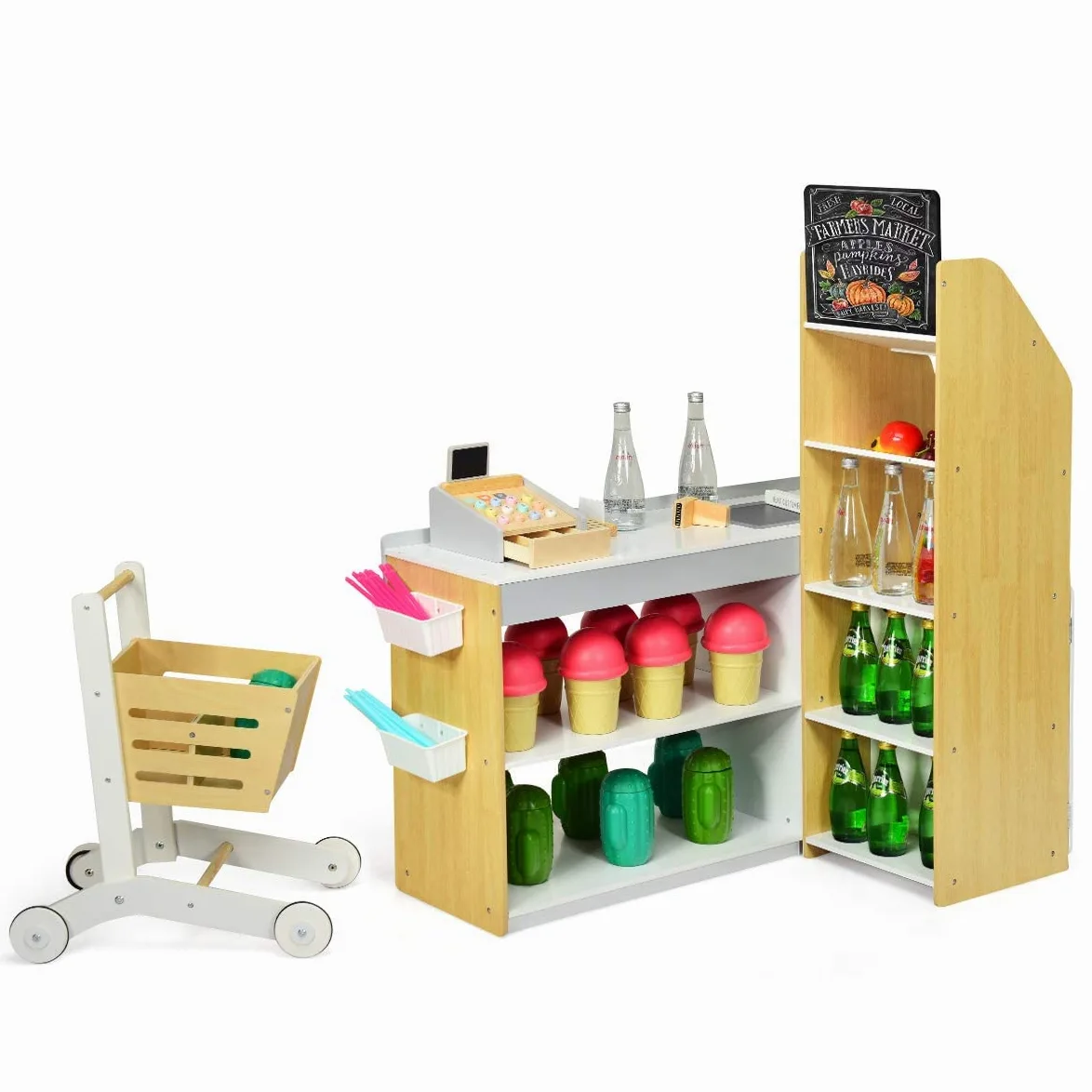 GYMAX Negozio Giocattolo per Bambini, Bancarella Mercato Giocattolo in Legno, con Carrello della Spesa, Supermercato Giocattolo Scanner, Pos, Carta di Credito e Monete di Legno, 90 x 62 x 111 cm