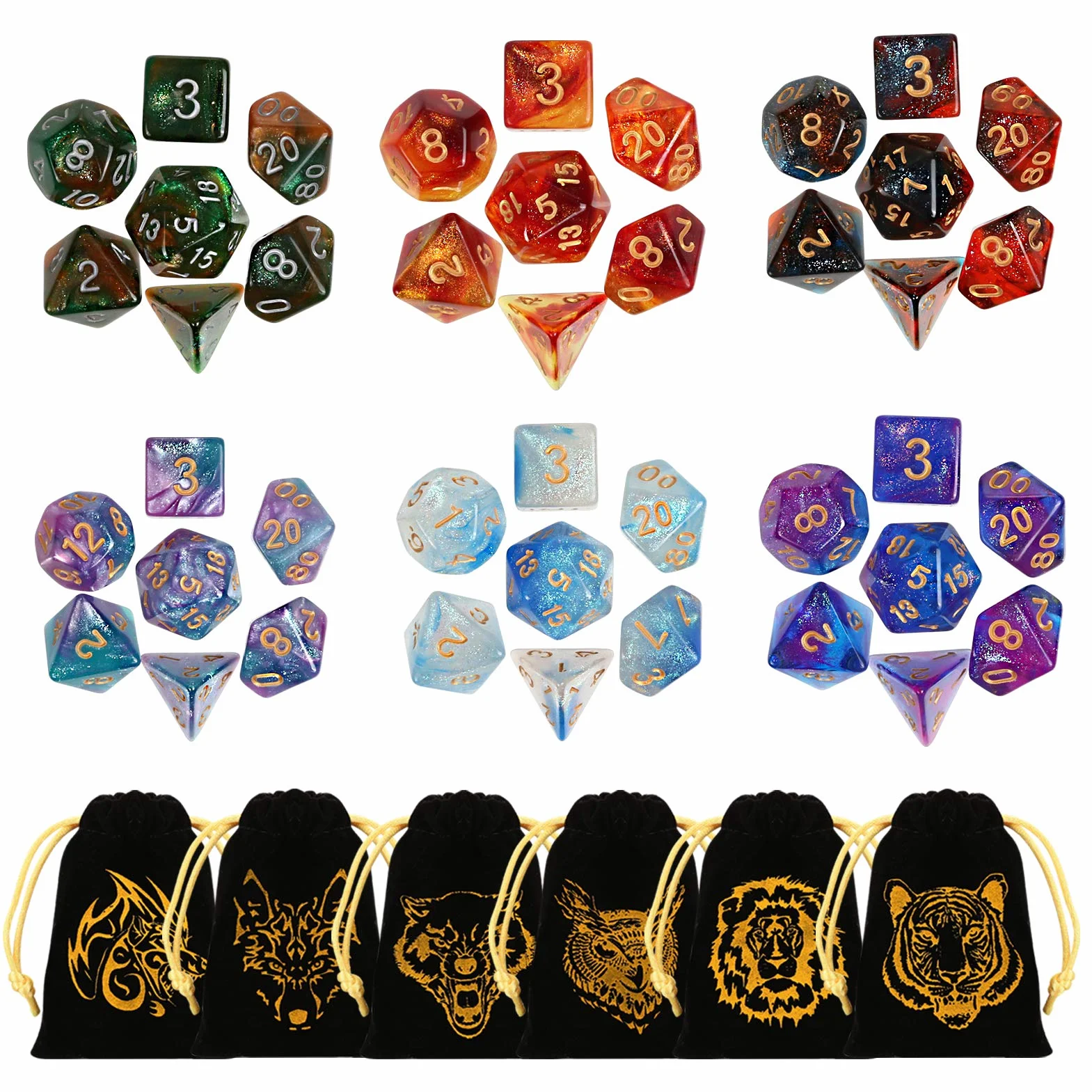 GWHOLE 42 Pezzi Set di Dadi Poliedrici a Due Colori per DND RPG, Dadi in Acrilico con Effetto Galassia e Numeri Oro Ben Visibili, Inclusi 6 Sacchetti in Velluto per Giochi da Tavolo e MTG