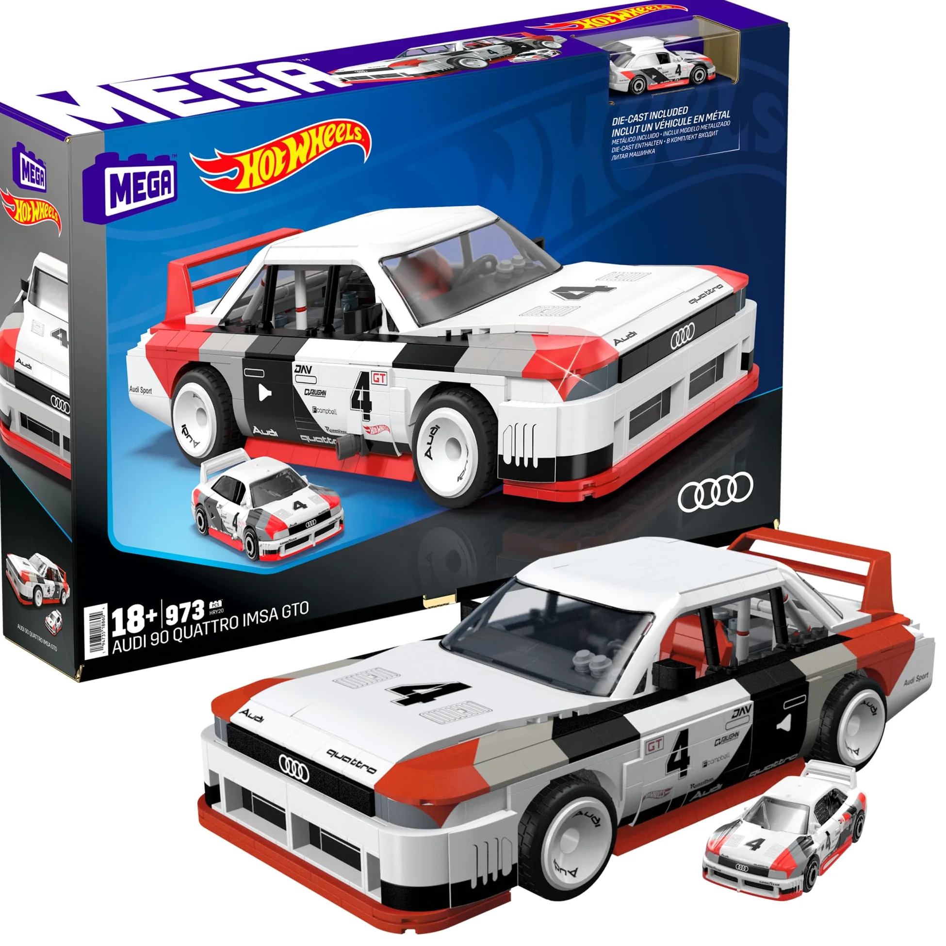 MEGA Hot Wheels - Audi 90 Quattro IMSA GTO, macchina da costruire con 973 pezzi e mini veicolo die-cast incluso, set per collezionisti da esporre, 18+ anni, HRY20