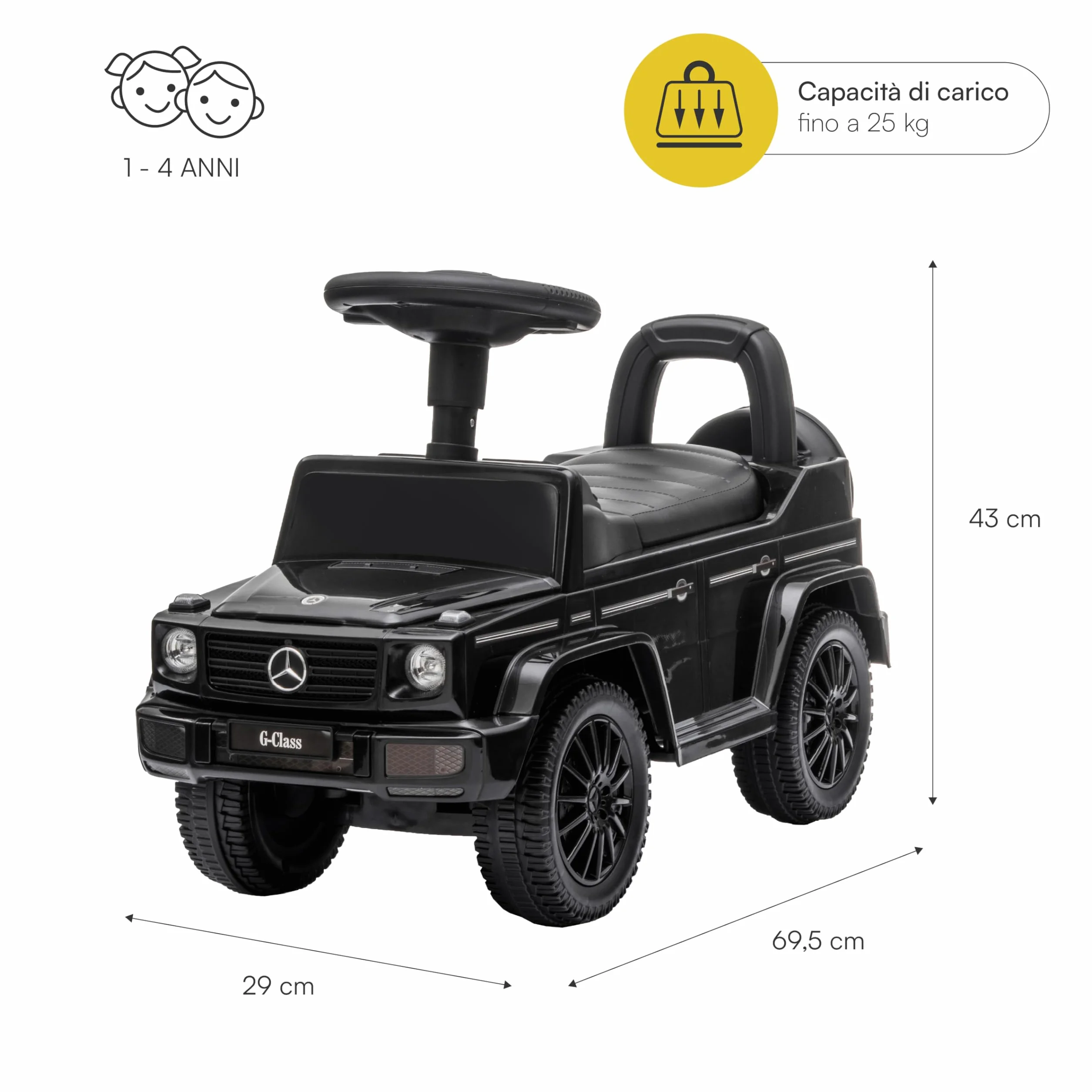 Baroni Toys Mercedes SUV Ride-On dla Dzieci 1-4 Lat, Fari LED, Suoni Realistici, Czarny 69.5x29x43 cm