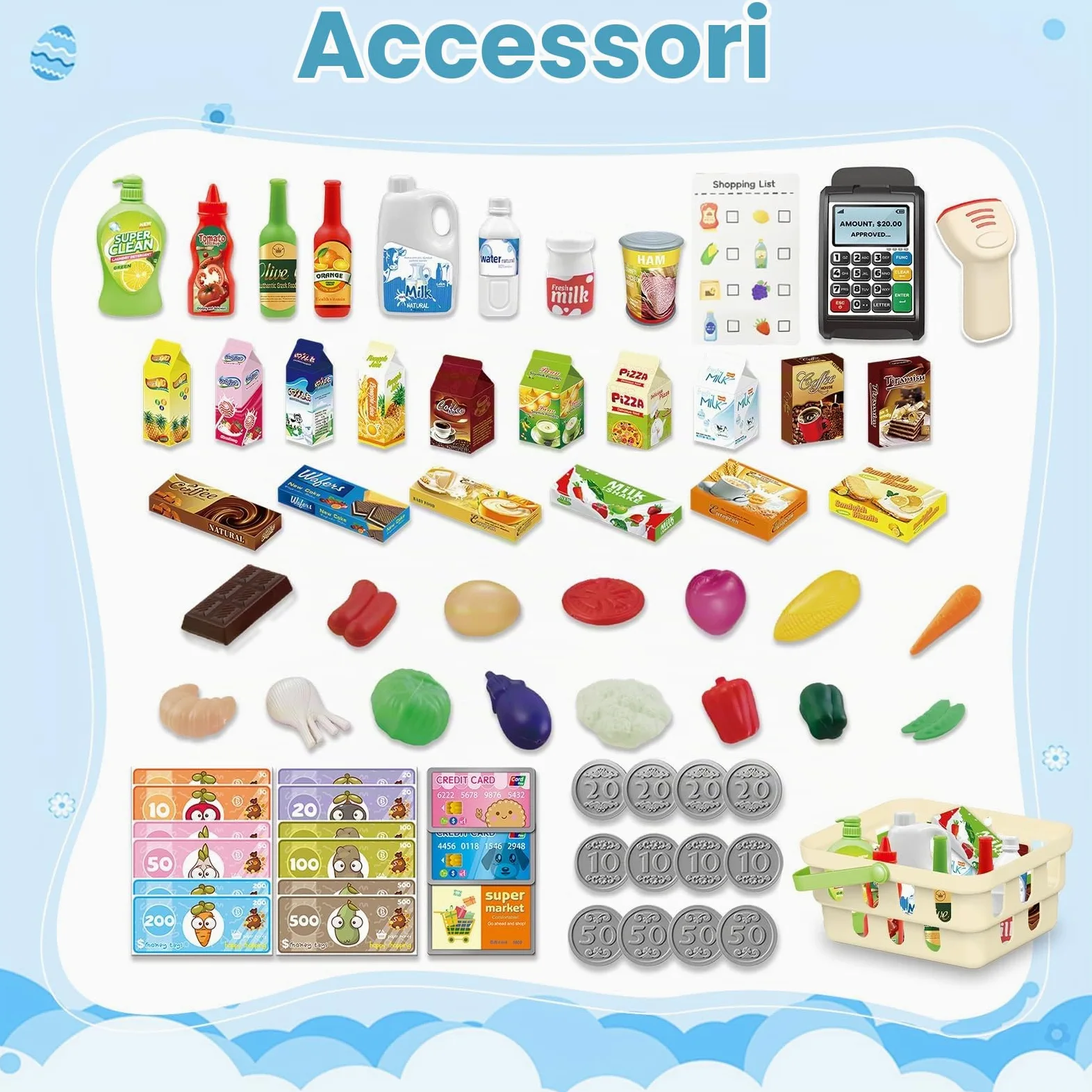 RedCrab Carrello Spesa Giocattolo con Scanner, 74 Pcs Accessori per Negozi: Calcolatrice, Carte di Credito, Frutta e Cibo, Gioco di Ruolo Giocattolo per Ragazzi e Ragazze 3+ Anni (Blu)