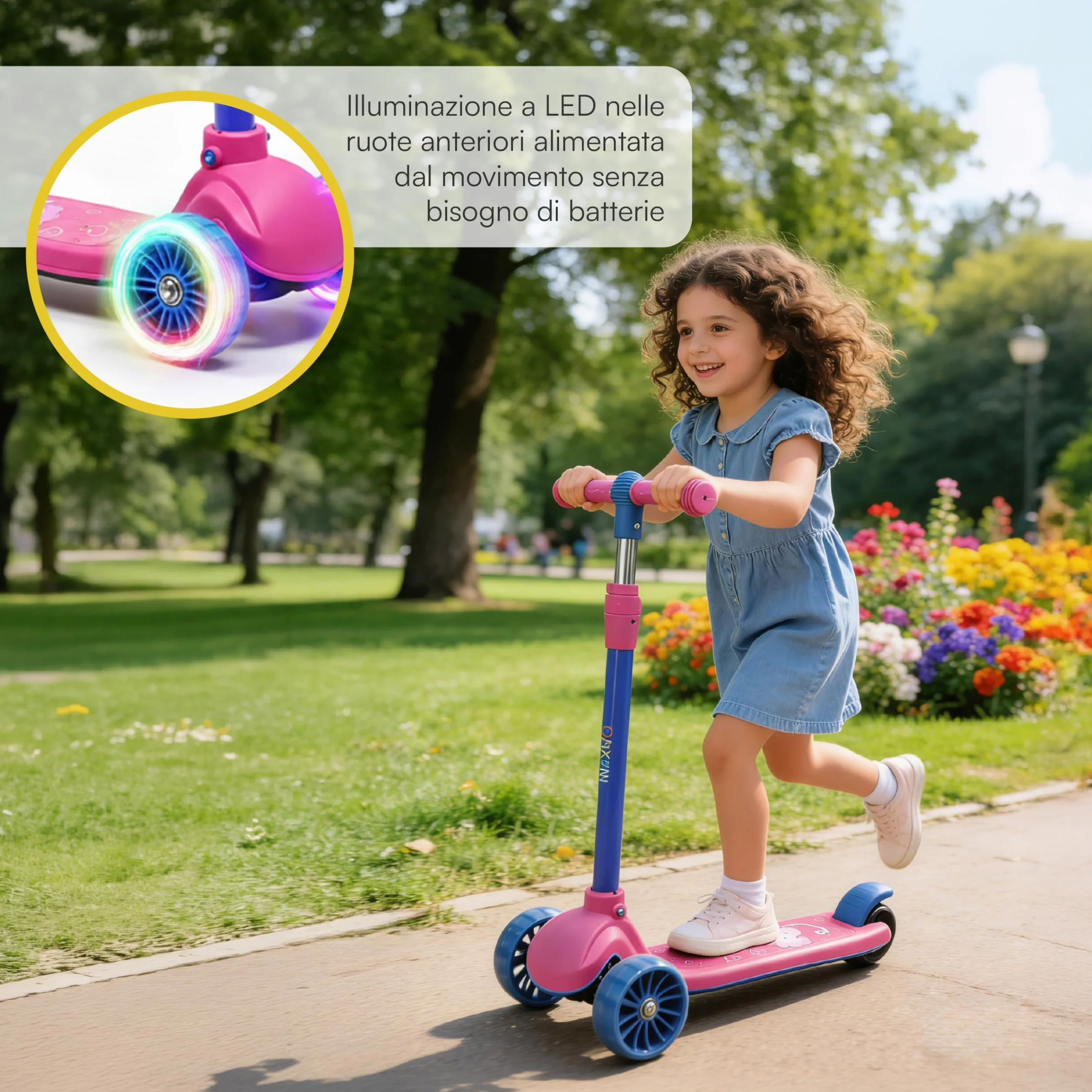 Baroni Toys Monopattino 3 Ruote per Bambini dai 3 Anni, Ruote LED Luminose, Manubrio Regolabile 3 Altezze, Freno Posteriore, 52x25x81cm