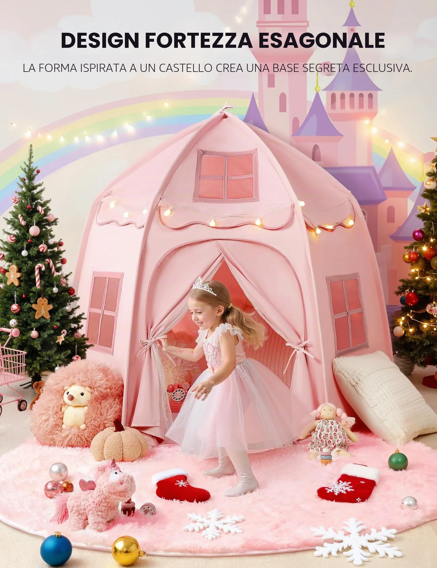 Besrey Tenda per Bambini con Luci – Tenda Gioco per Bambini a Castello per Principesse, Ampio Spazio Interno, Struttura Stabile – Ideale per Tenda Bambini Cameretta e Interni (Rosa)