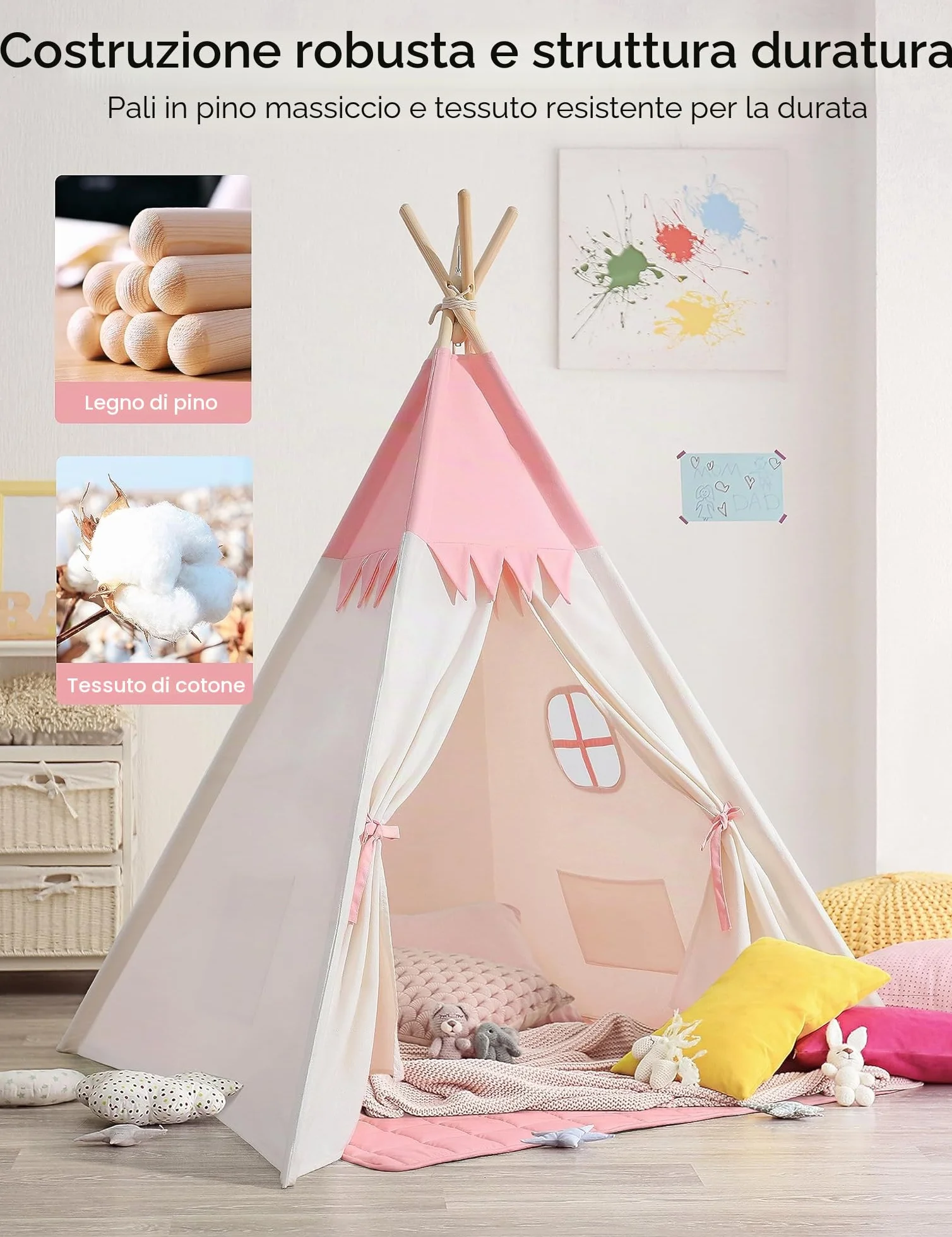 besrey Tenda per Bambini da Gioco in Tela Indiana Teepee in Cotone con Tappetino Imbottito e Luci Fatate (Rosa e bianco)
