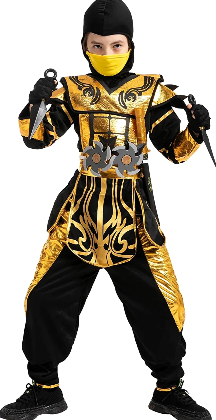 Spooktacular Creations Costume da ninja d'oro per feste a tema ninja per bambini Costume di Halloween da ninja gioco di ruolo Festa di Natale