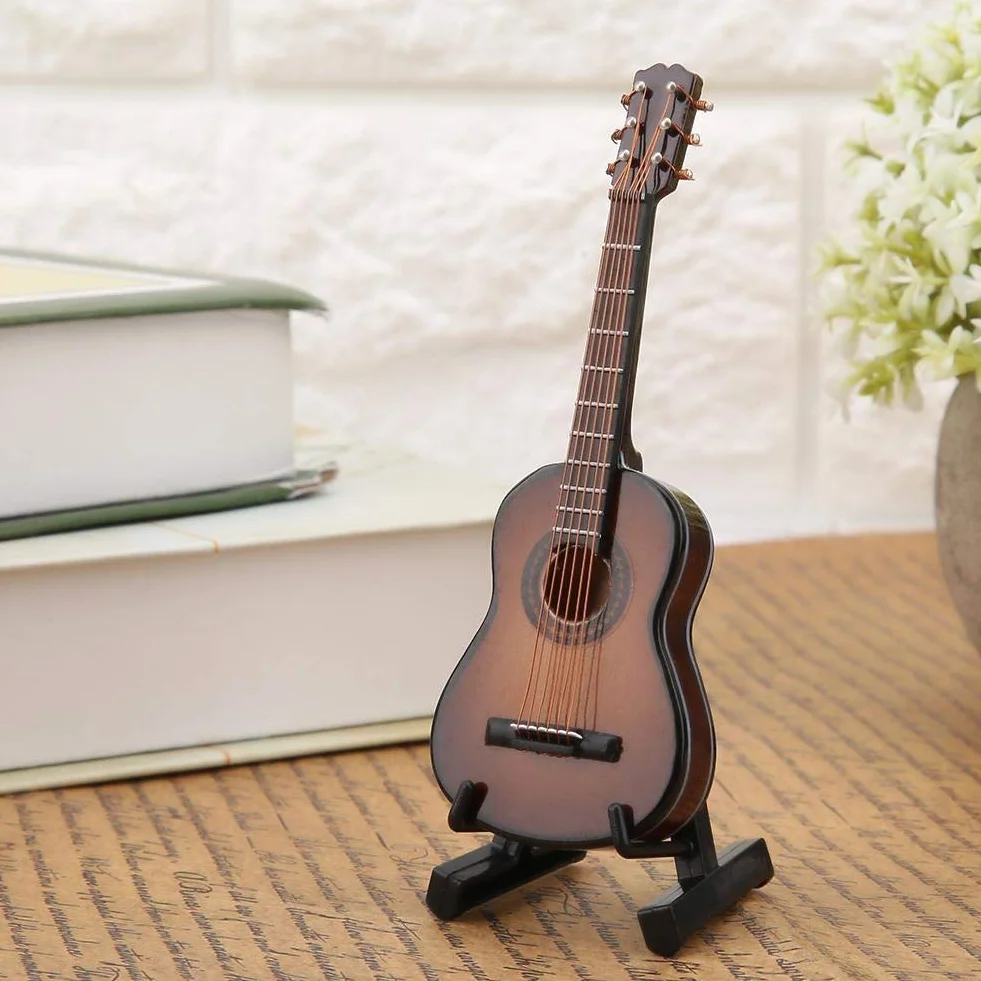 Chitarra decorativa in legno miniatura artigianale marrone 10cm