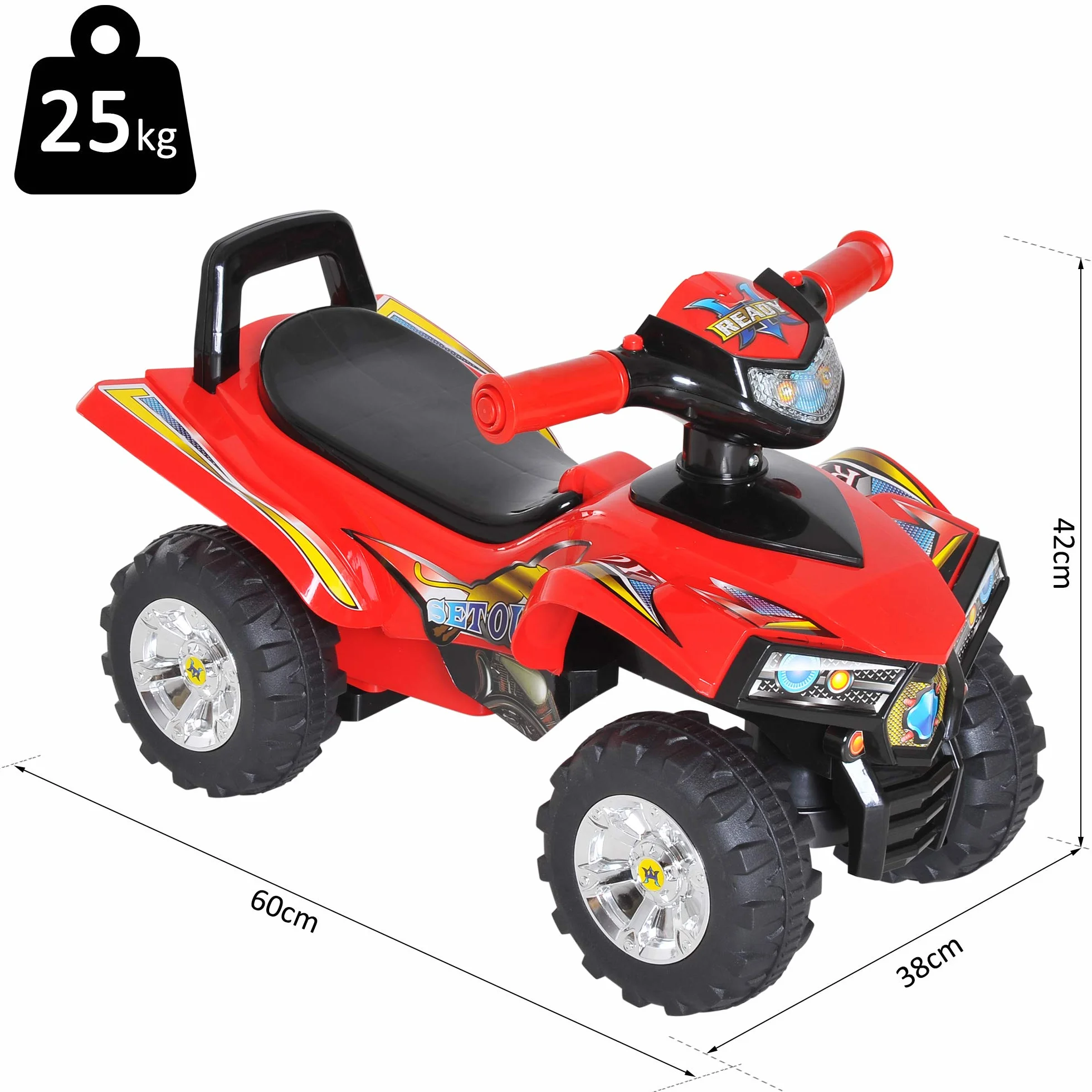 HOMCOM Quad Giocattolo Bambini Macchina Cavalcabile Clacson Musica Luci 60x38x42 cm PP Rosso
