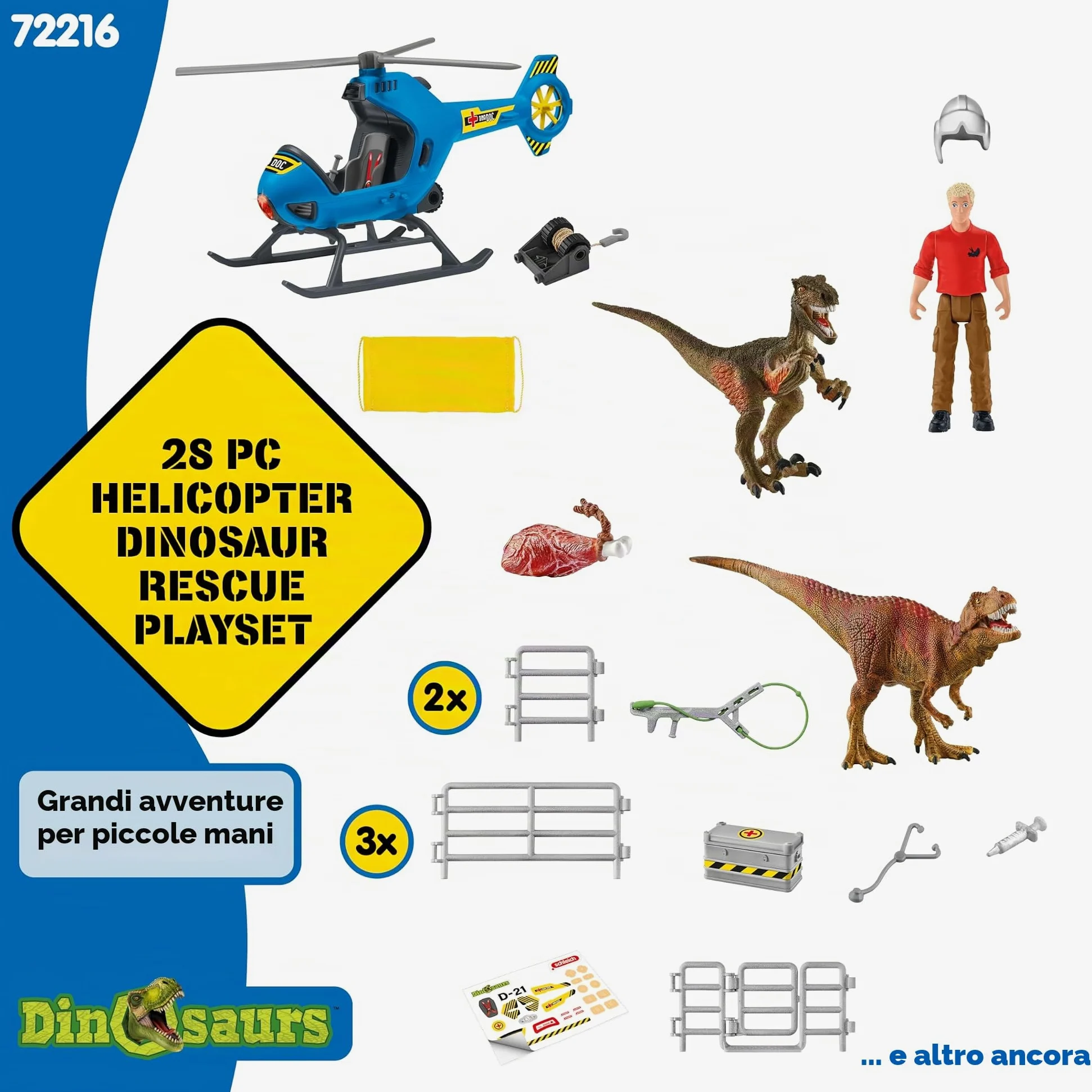 Schleich DINOSAURS | Salvataggio dei dinosauri in elicottero 72216 | Set con elicottero, Flynn, 2 dinosauri & accessori | Regalo per bambini | Giocattolo dai 5 anni | 28 pezzi | esclusiva Amazon