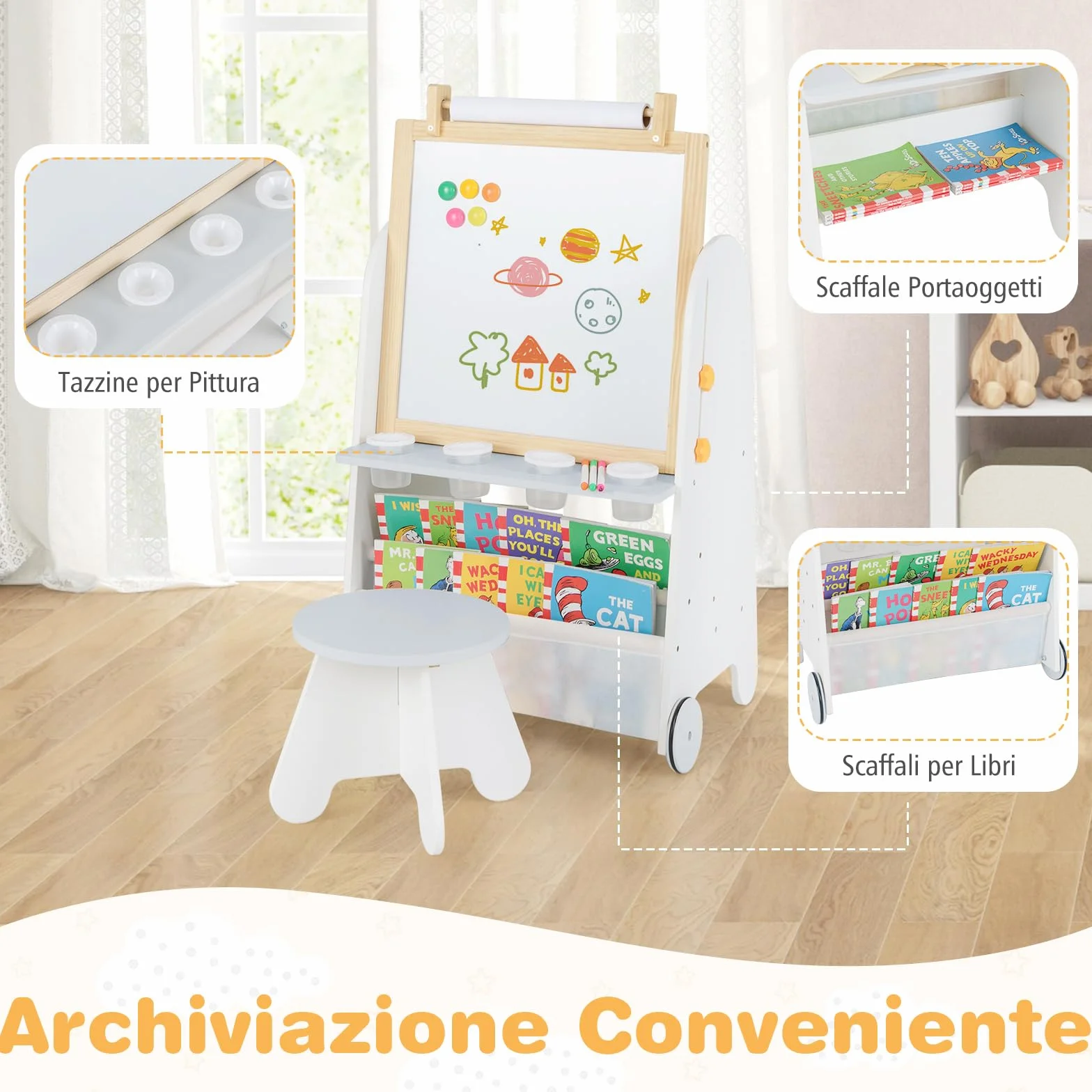 COSTWAY Cavalletto Lavagna per Bambini con Sgabello e Tavolo 4 in 1, Lavagna Magnetica Regolabile in Altezza con Rotolo di Carta e 4 Tazze di Vernice, Cavalletto a Ruote con Gessi e Cancellino