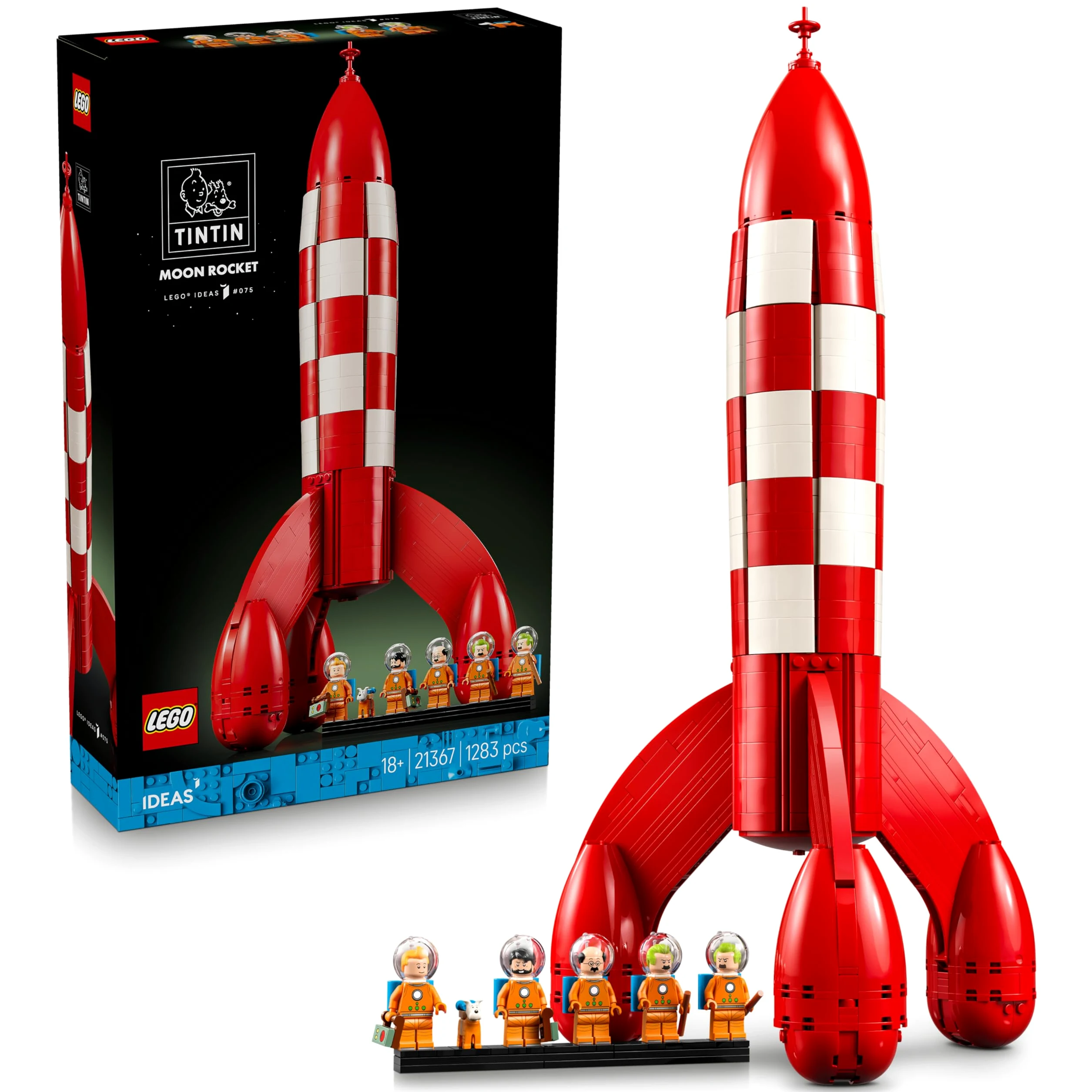 LEGO Ideas Razzo Lunare di Tintin - Kit Modellismo Spaziale per Adulti da Esposizione - 5 Minifigure e Cane Snowy - Decorazioni da Scrivania Fai da Te - Idea Regalo per i Fan dei Fumetti - 21367
