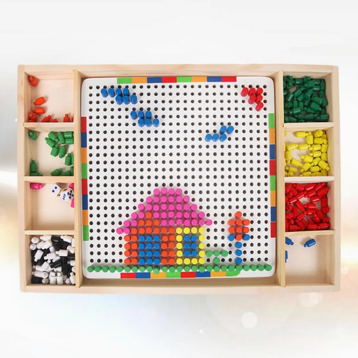 Gioco Puzzle a Chiodini Fungo Colorato per Bambini in Legno | Bianco, per Quotidiano e Compleanno, Ricca Creatività e Fantasia, Riconoscimento Colori