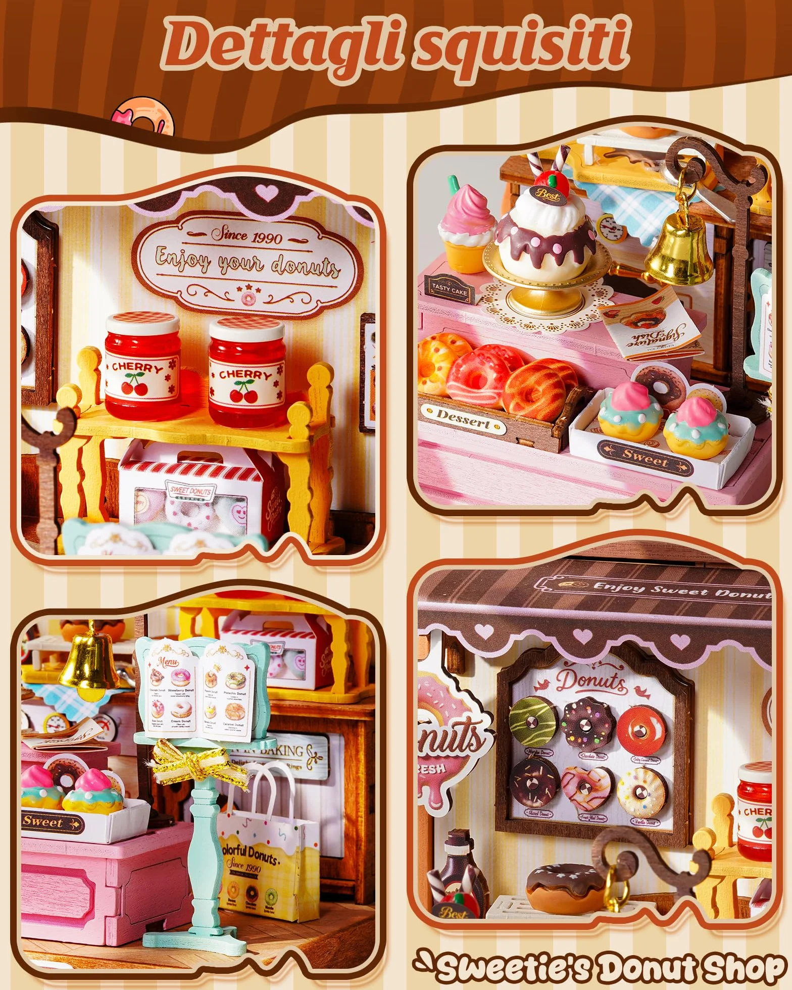 Rolife Miniature Casa Sweetie's Donut Shop, 141 pezzi Kit Casa in Miniatura DIY, Modellismo da Costruire Adulti Casa delle Bambole in Legno Puzzle 3D Nessun collante necessario