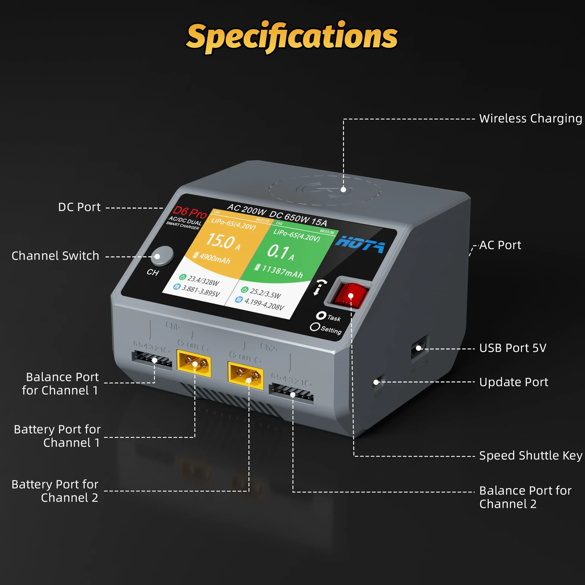 HOTA D6 Pro RC Batteria Dual RC Caricabatterie AC200W DC 325W 15A Balance Charger per RC LiHv Nicd NiMH Ricarica Batteria RC Auto RC Barca FPV Race Drone Parti