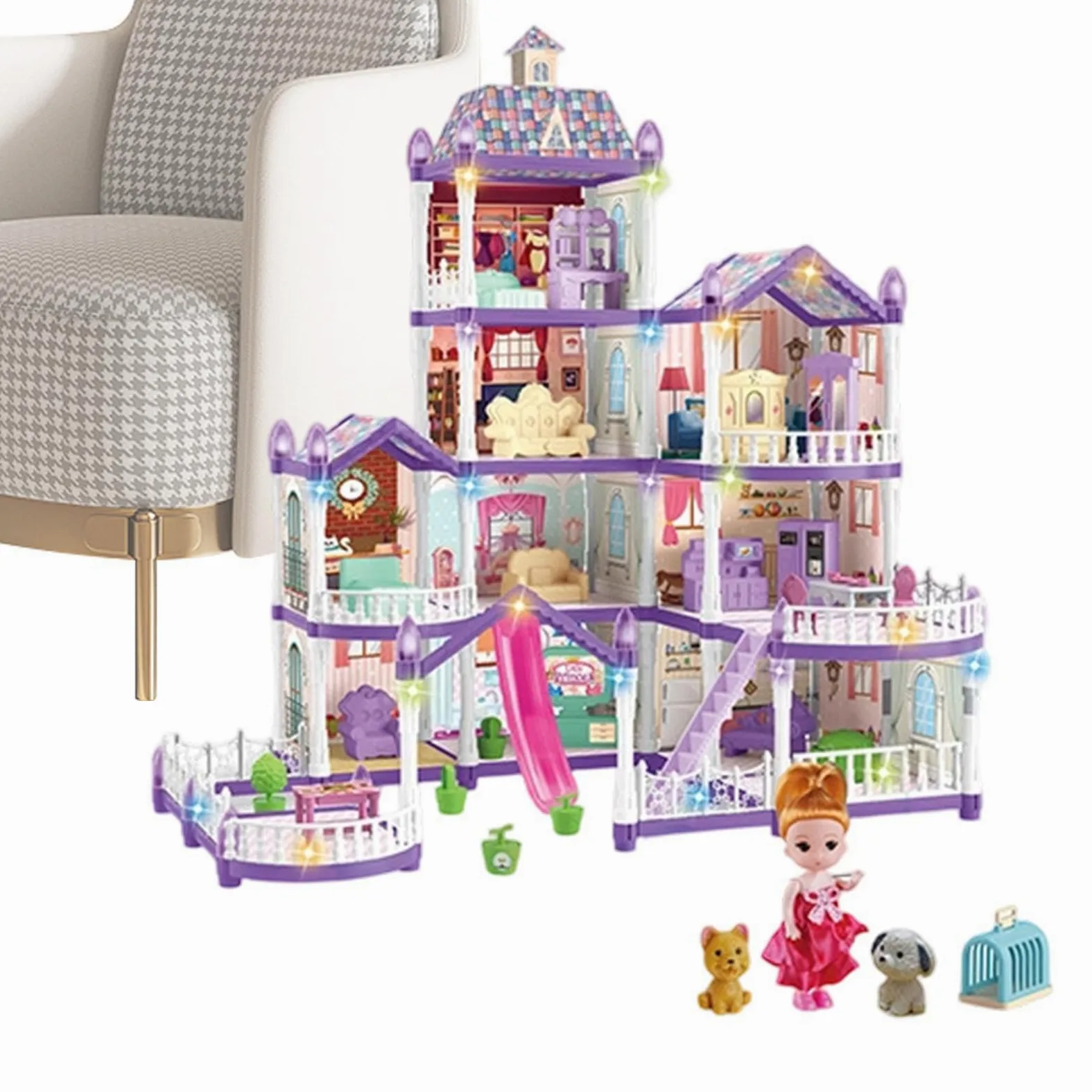 Casa delle Bambole per Ragazze 4 Piani 13 Stanze Giocattolo Miniature da | Villa Giocattolo Con 3 Principesse, 2 Cuccioli e Arredamento Per Bambine 4-6 di Ruolo Indoor Regalo per Feste