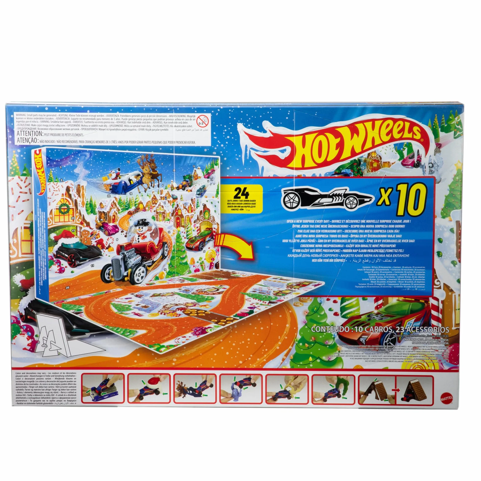 Hot Wheels - Calendario dell'Avvento 2025, 24 finestrelle numerate con sorprese a tema Natale, 10 macchinine, 10 clip e 14 accessori inclusi, giocattolo per bambini, 3+ anni, JCB47
